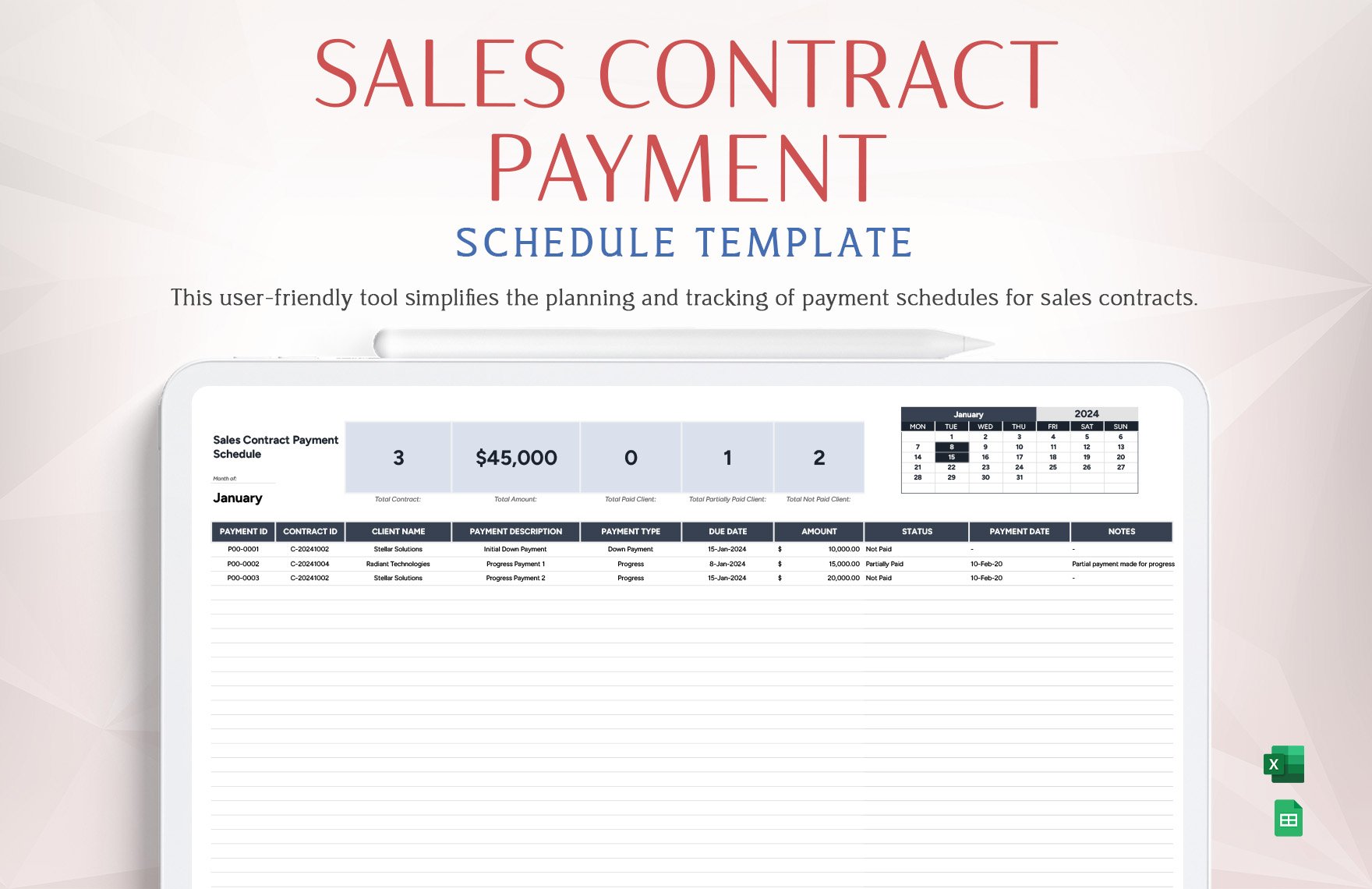 Sales Contract Payment Schedule Template in Excel, Google Sheets