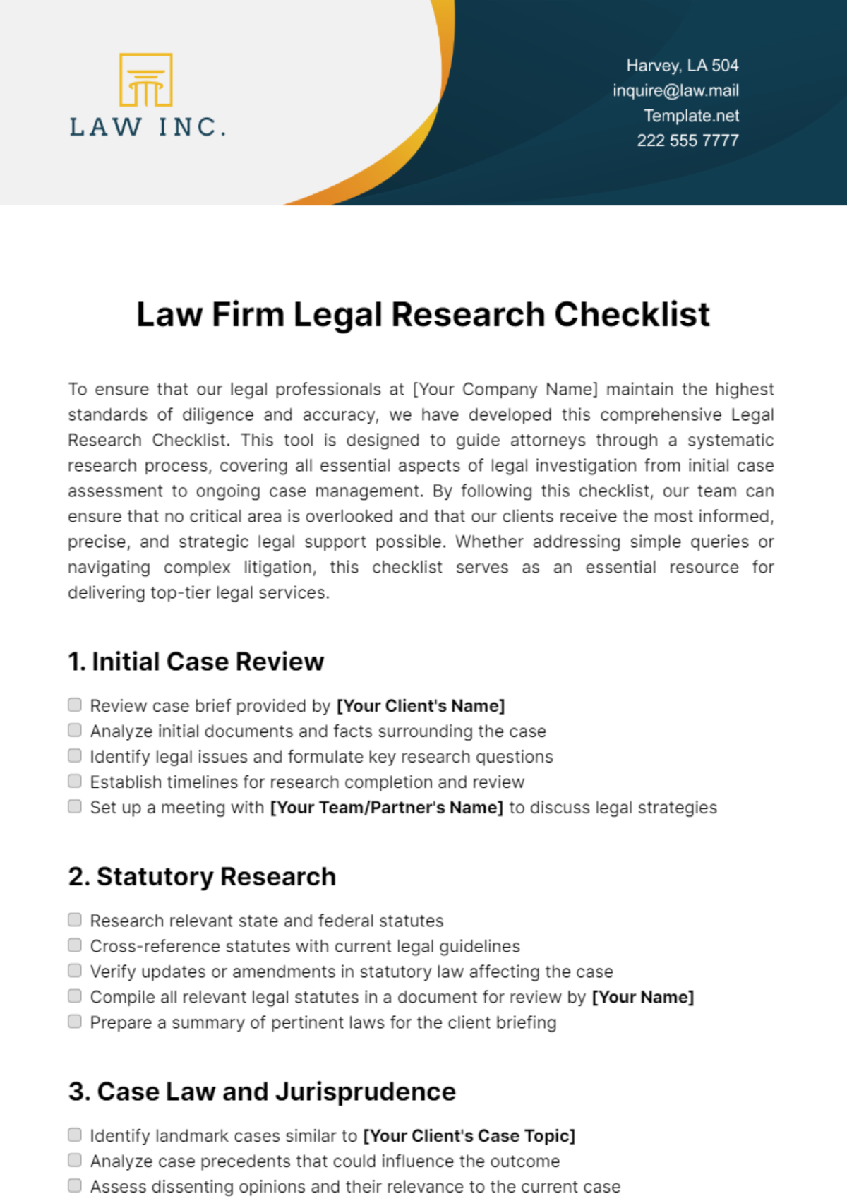 Free Law Firm Legal Research Checklist Template