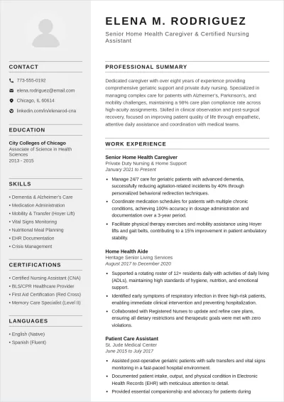 Free Caregiver ATS Resume Template, AI Resume Builder