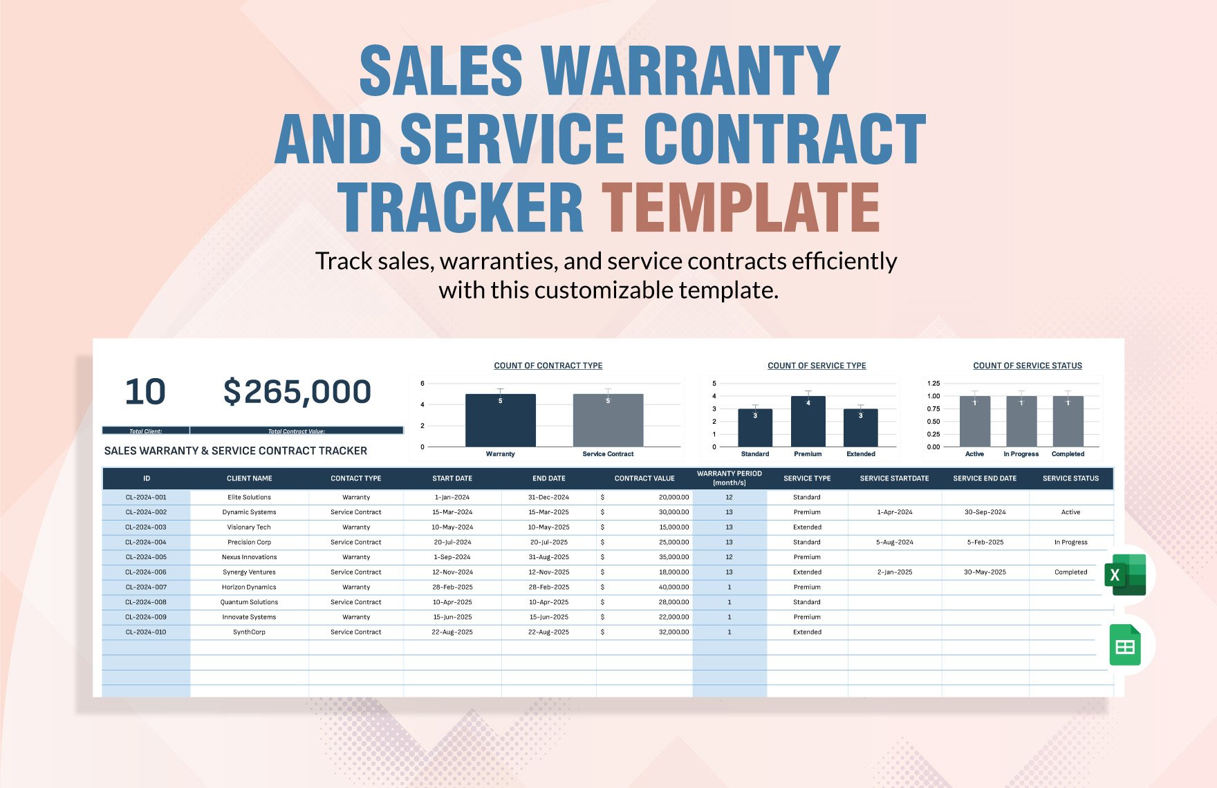 Sales Warranty and Service Contract Tracker Template in Excel, Google Sheets