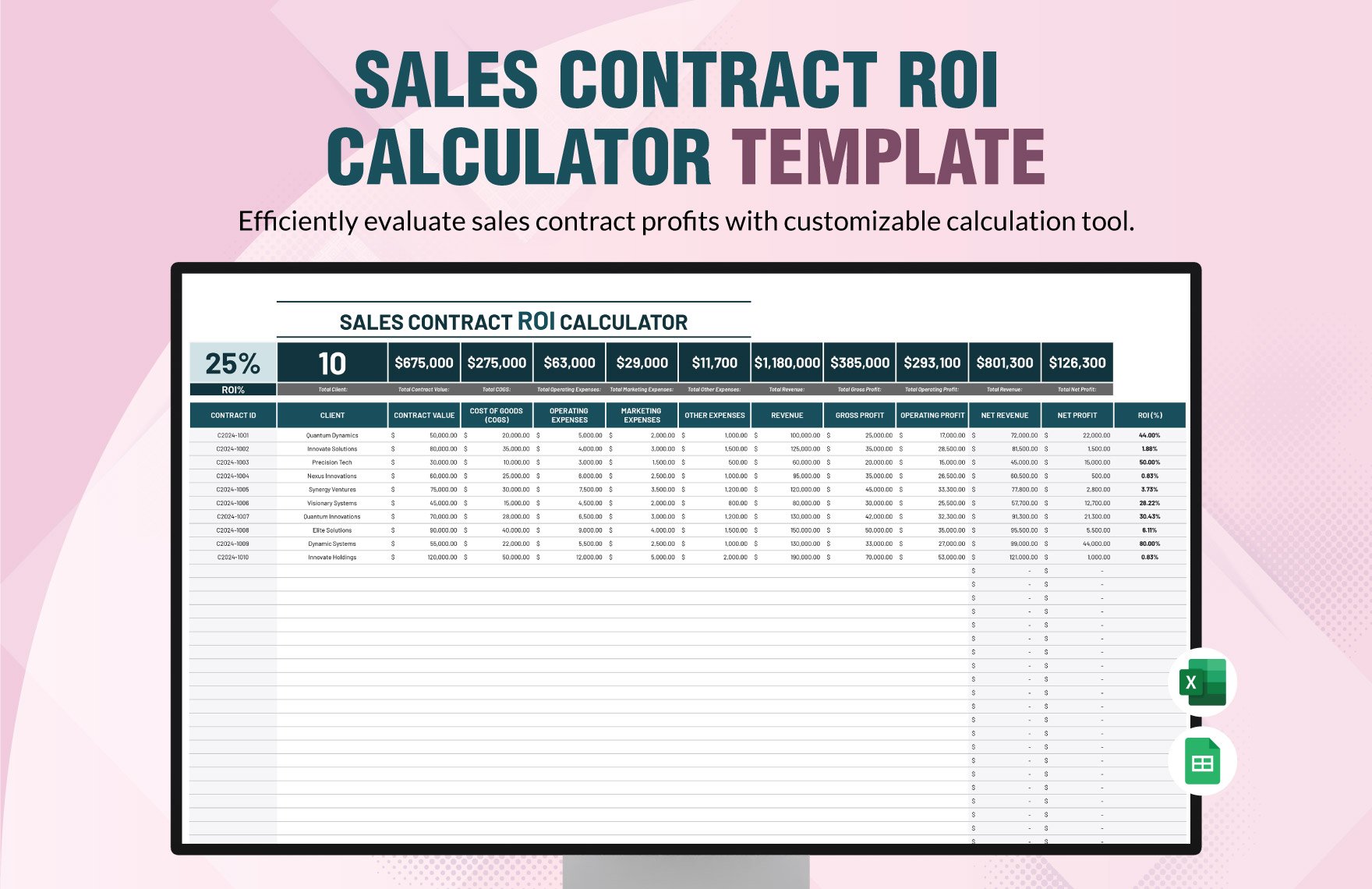 Sales Contract ROI Calculator Template in Excel, Google Sheets