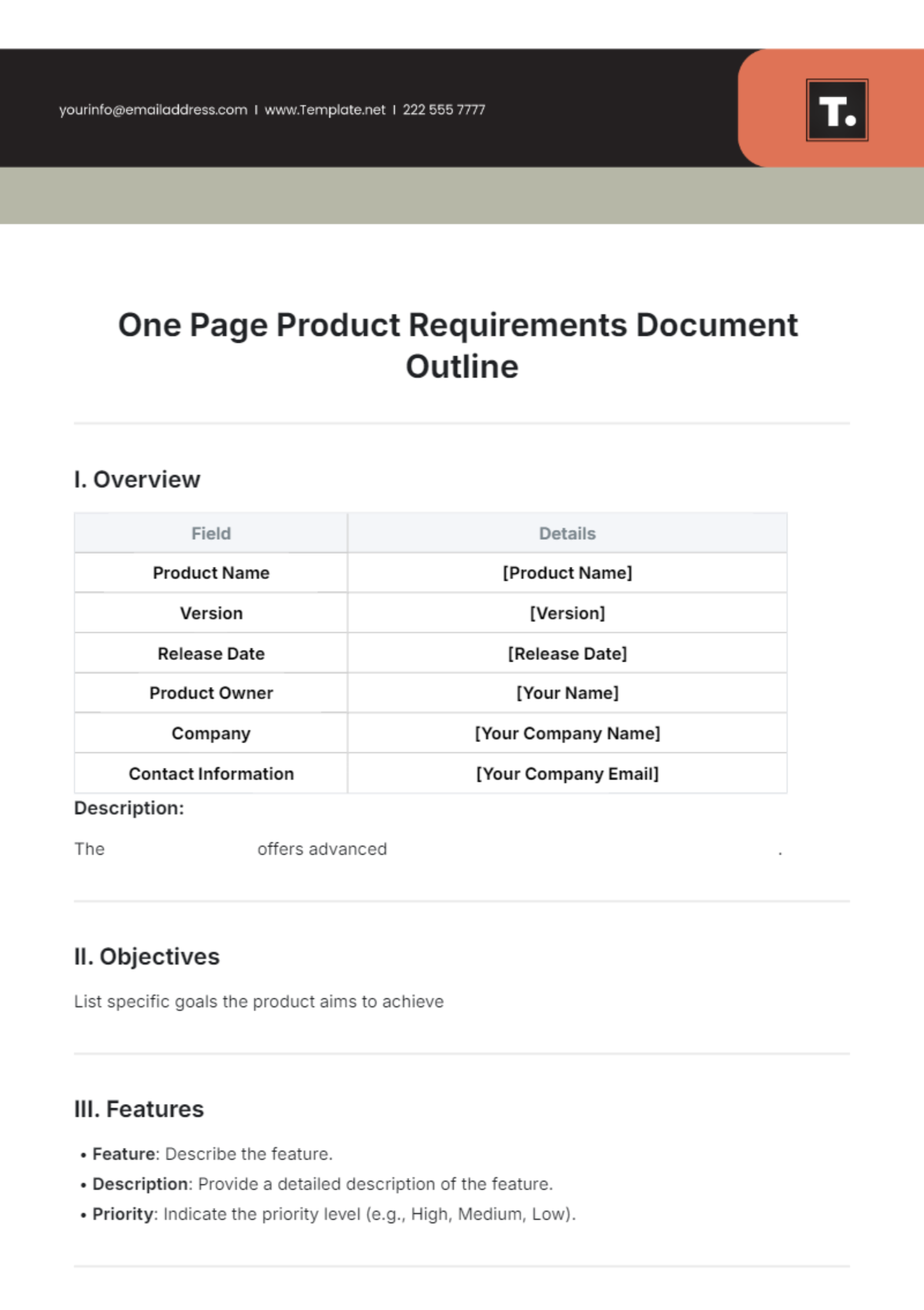 One Page Product Requirements Document Outline Template - Edit Online & Download