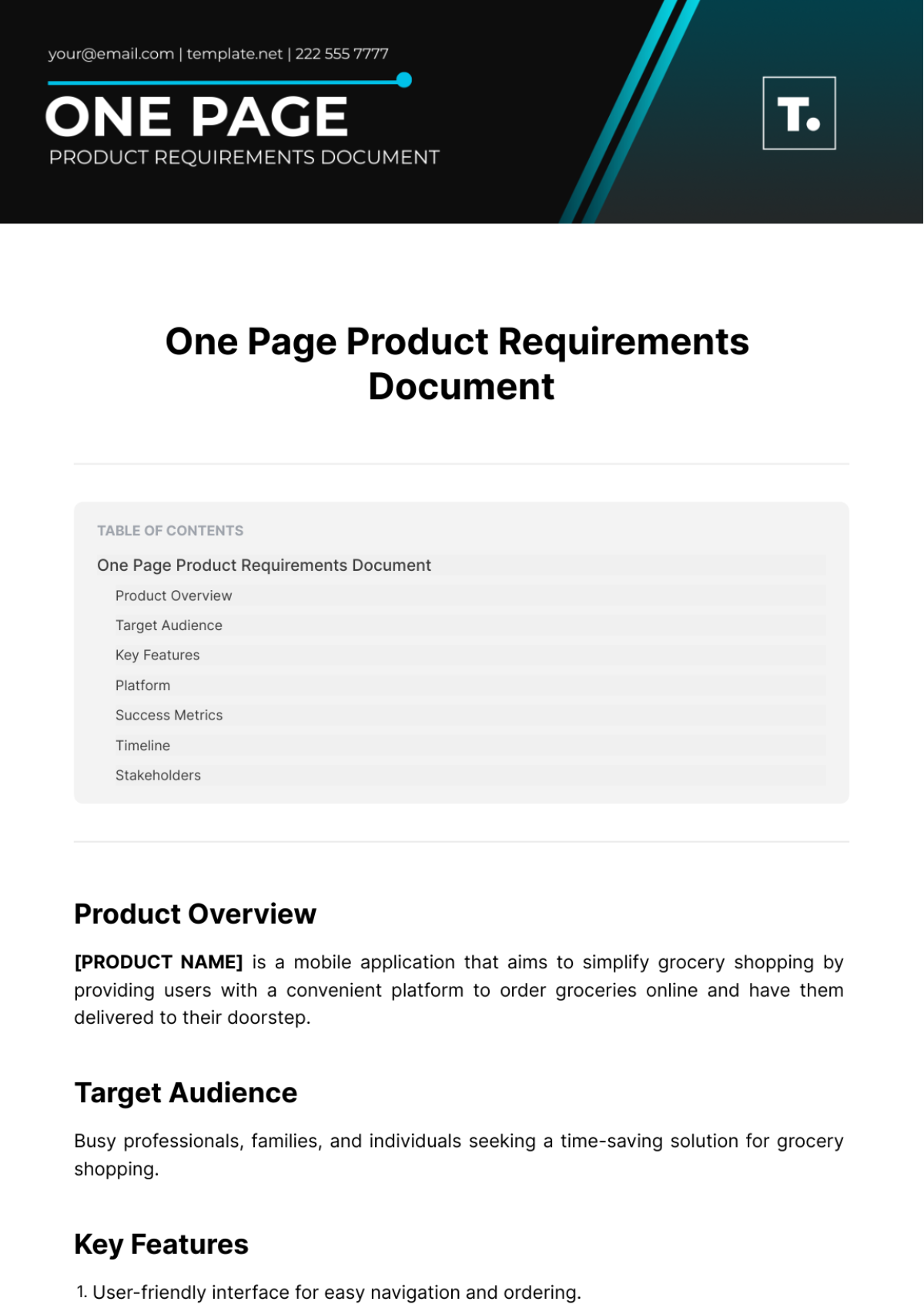 One Page Product Requirements Document Template