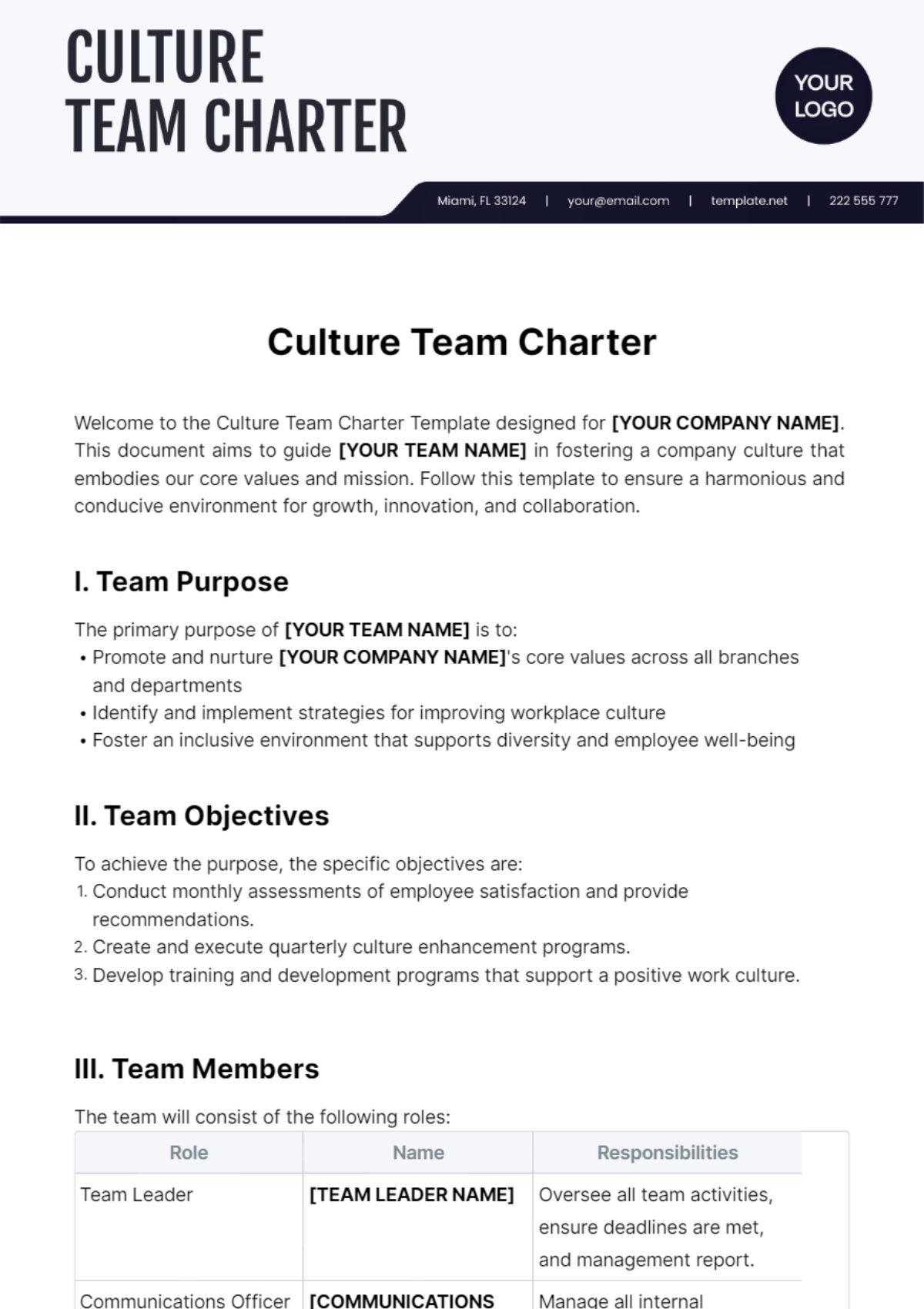 Culture Team Charter Template