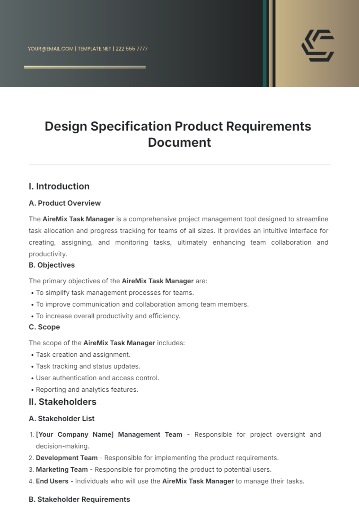 Design Specification Product Requirements Document Template - Edit Online & Download