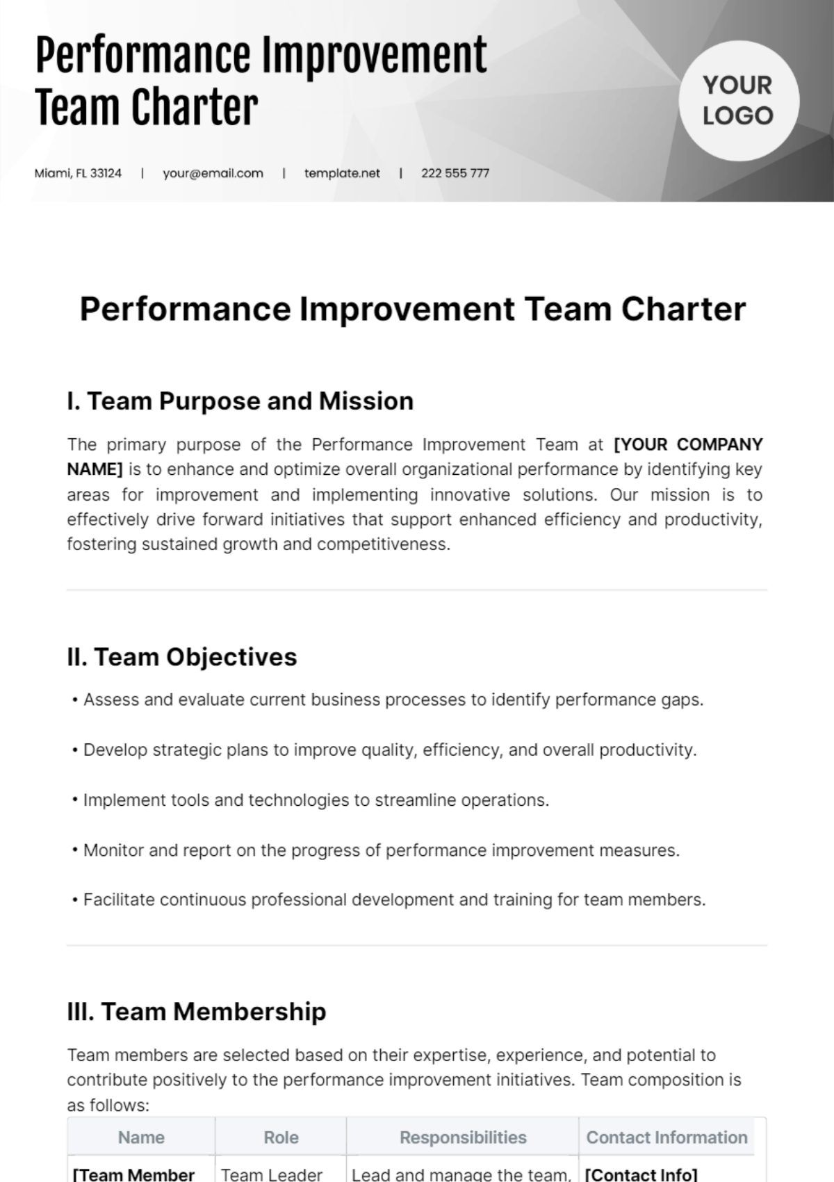 Free Performance Improvement Team Charter Template