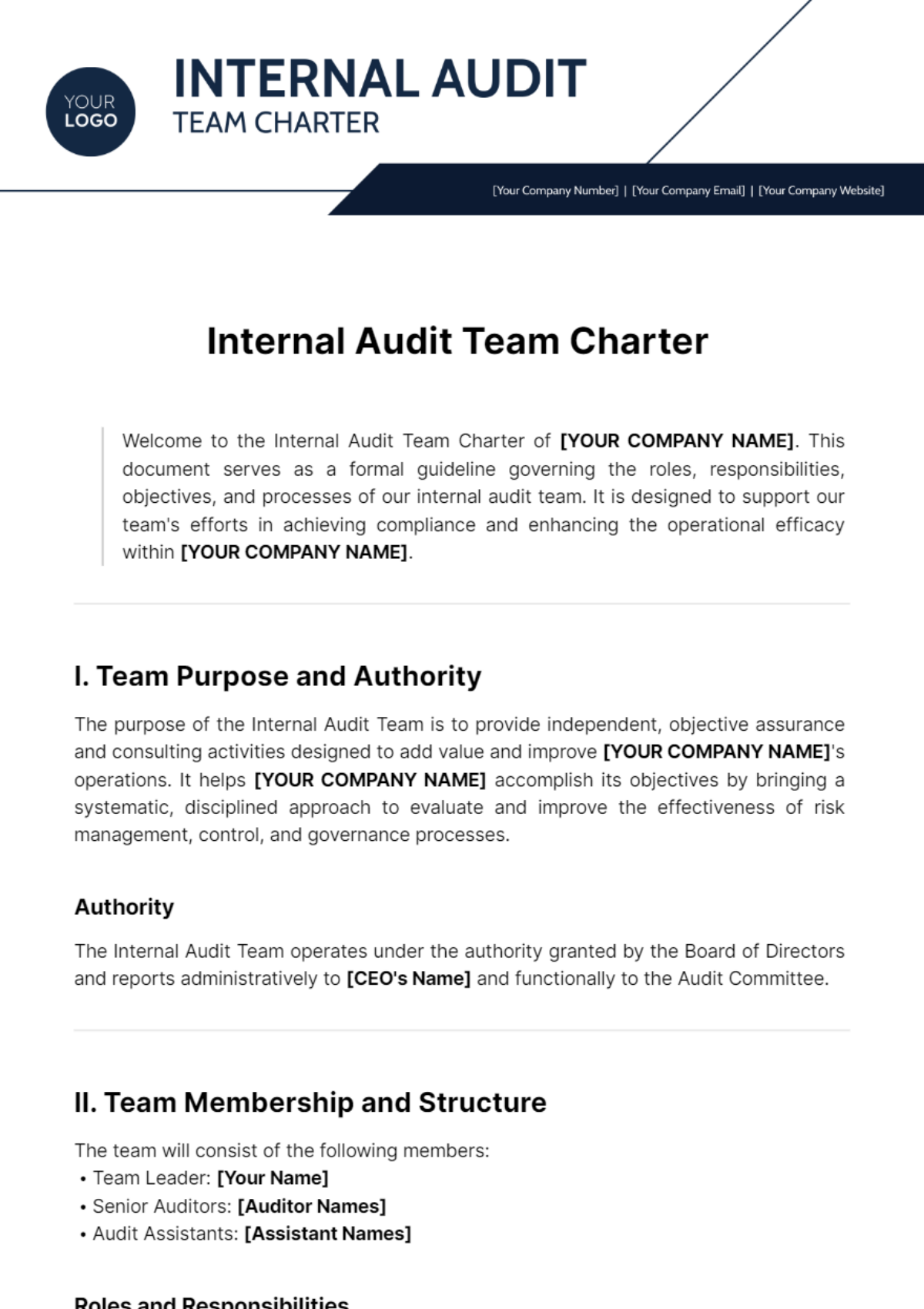 Internal Audit Team Charter Template