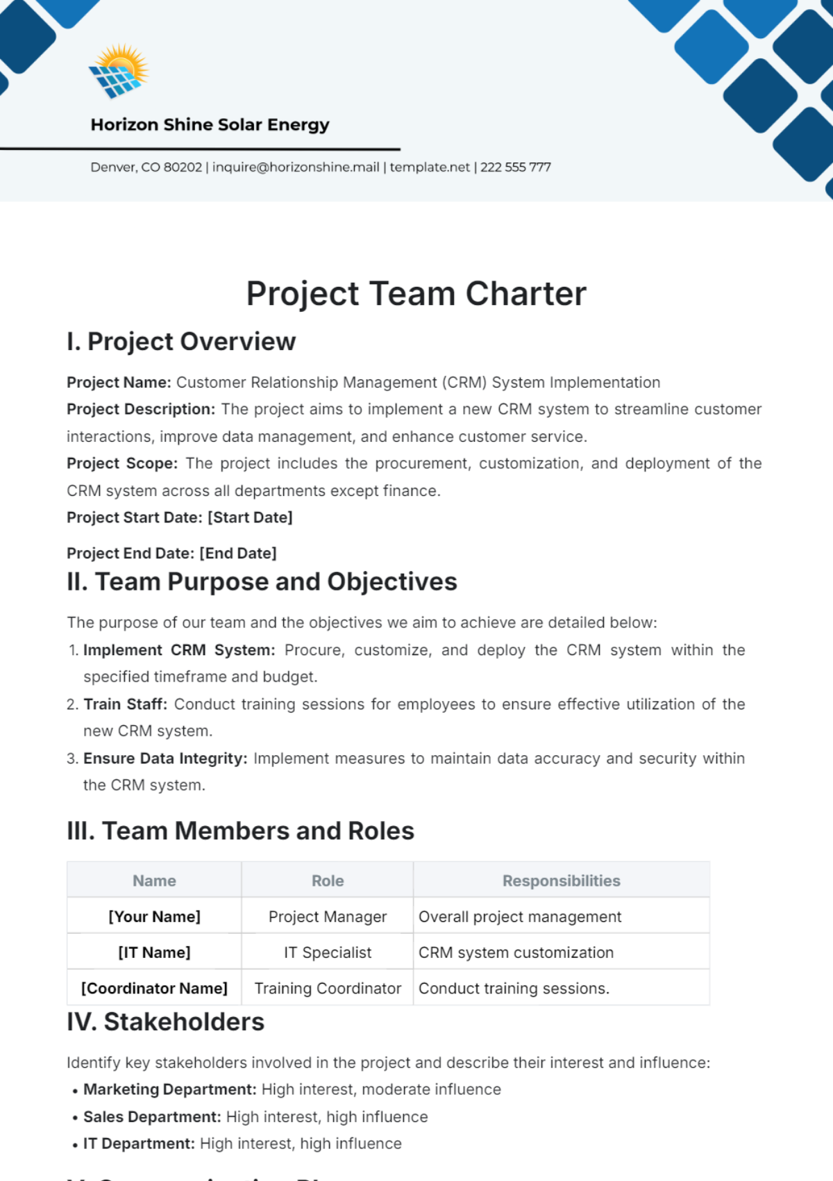 Project Team Charter Template