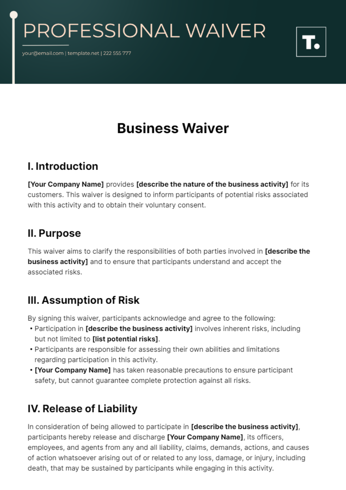Business Waiver Template