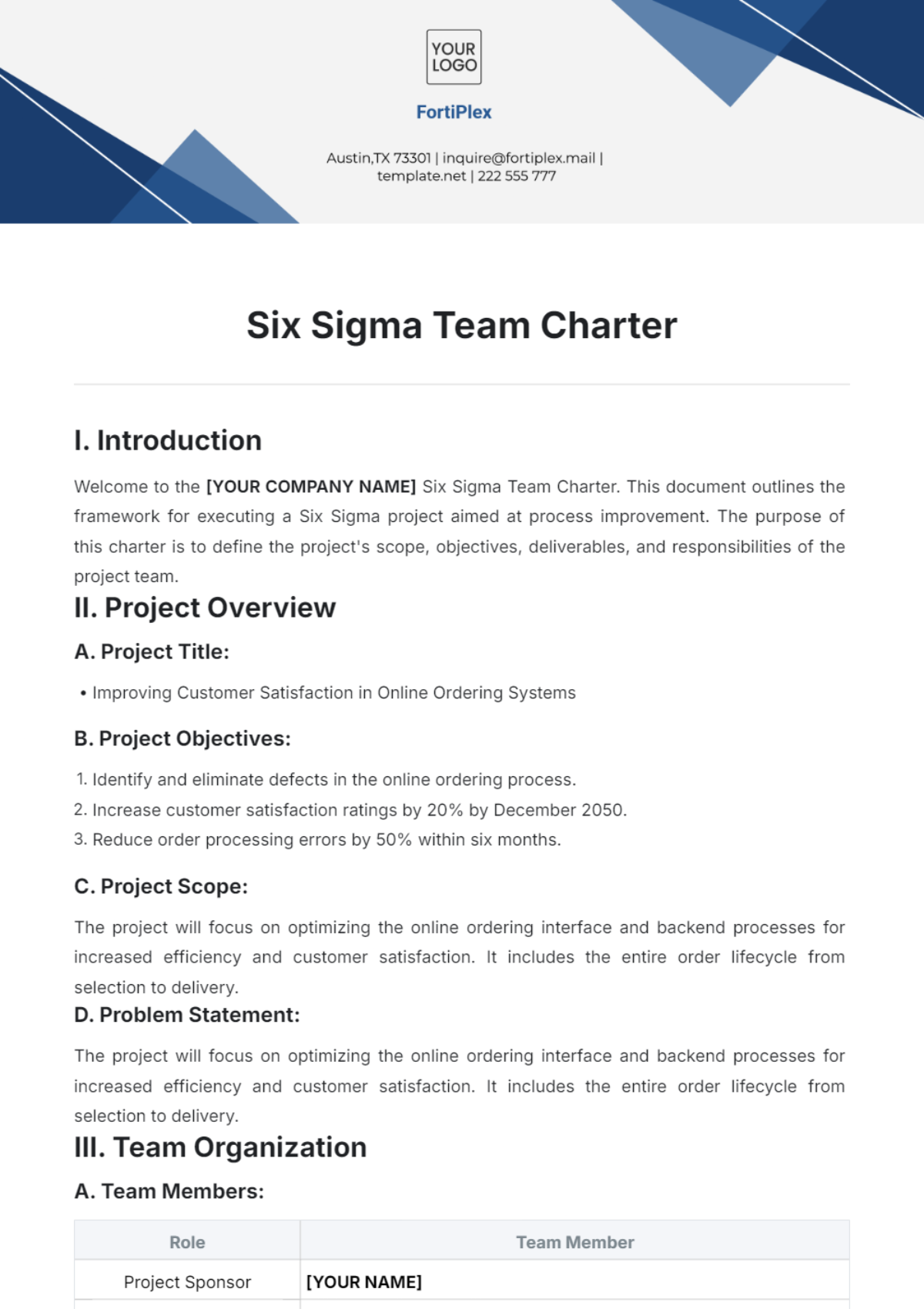 Six Sigma Team Charter Template