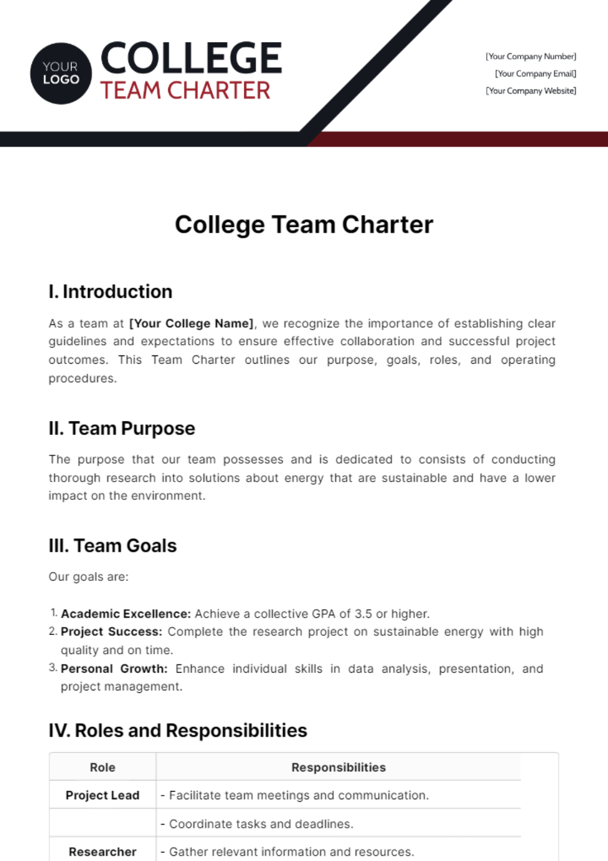 College Team Charter Template