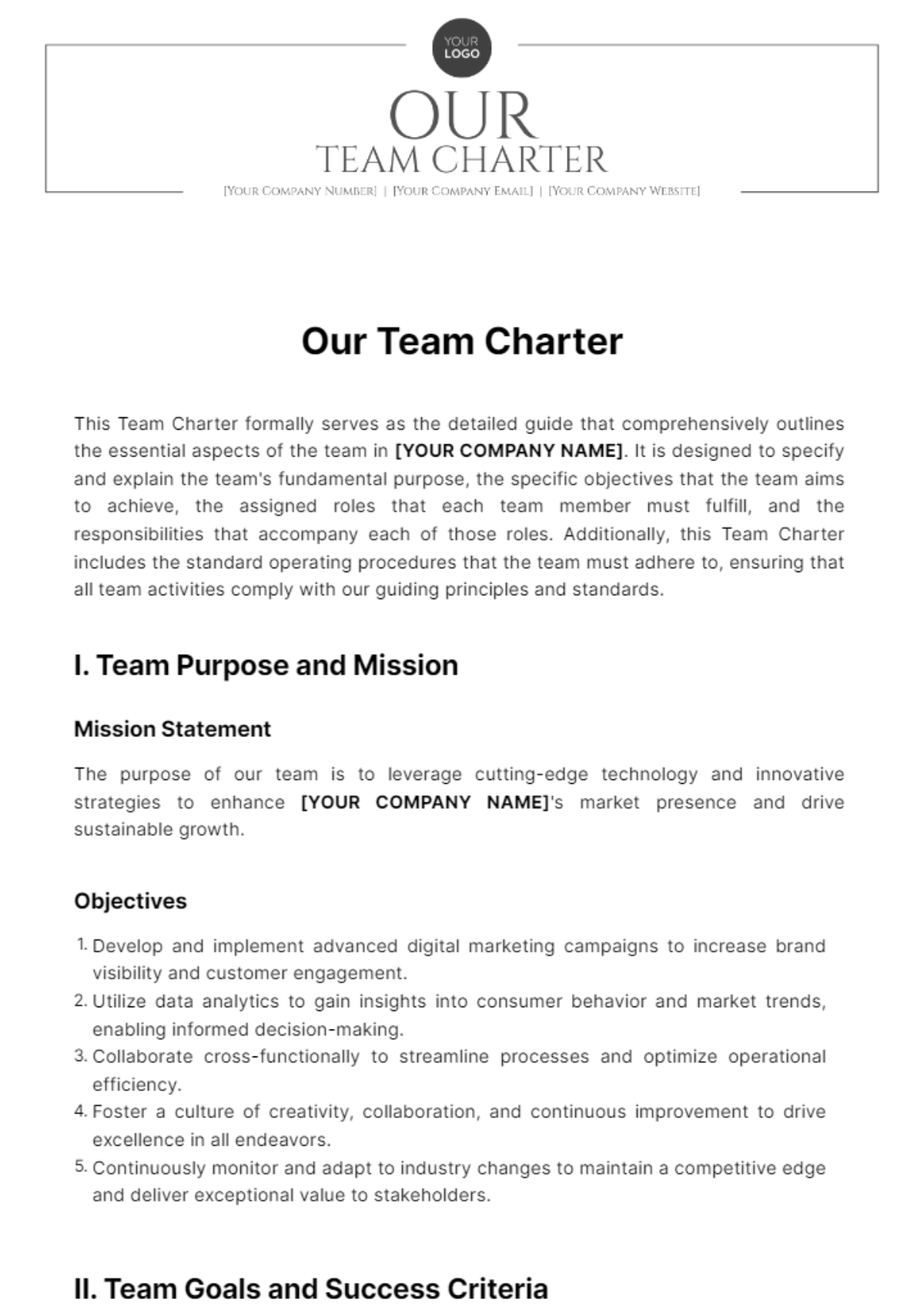 Our Team Charter Template