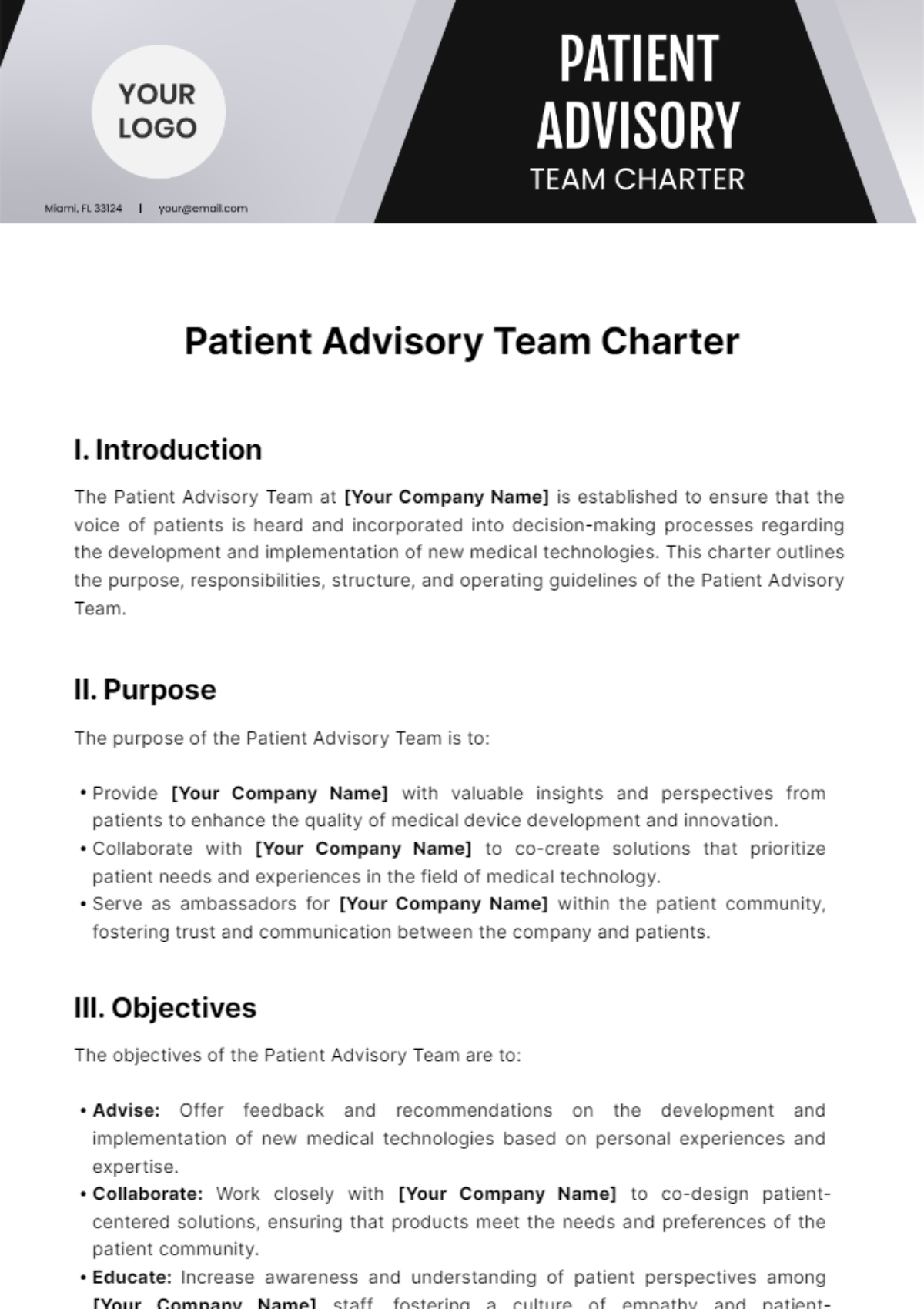 Patient Advisory Team Charter Template