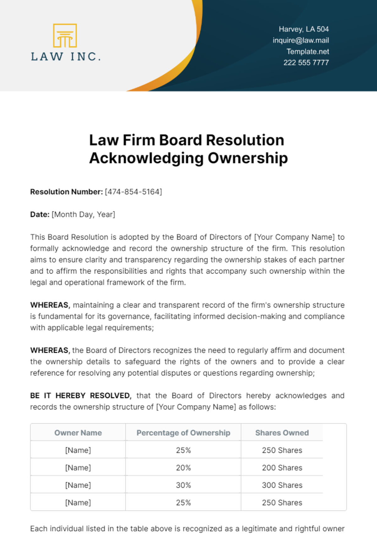 Law Firm Board Resolution Acknowledging Ownership Template