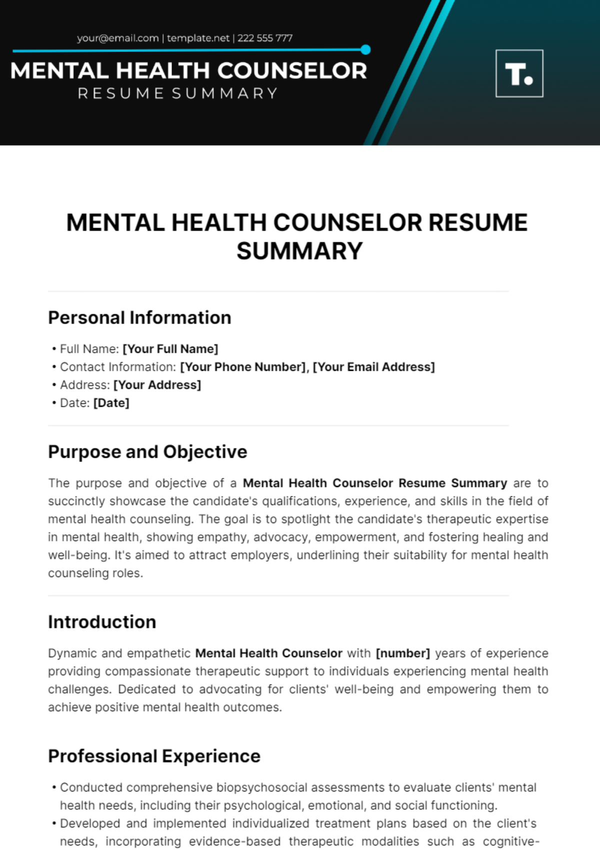 Mental Health Counselor Resume Summary Template