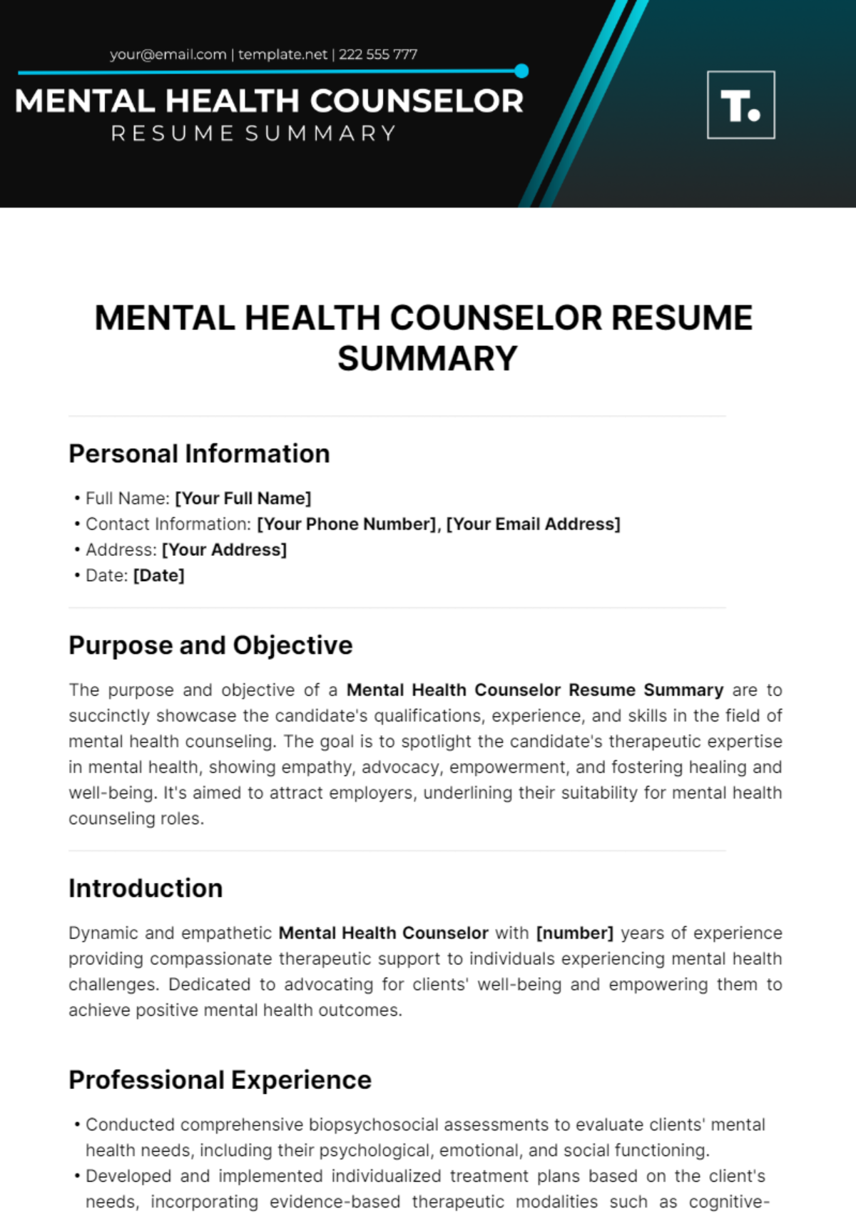 Mental Health Counselor Resume Summary Template - Edit Online & Download