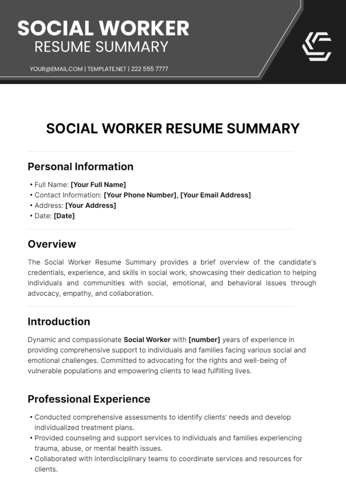 Social Worker Resume Summary Template - Edit Online & Download