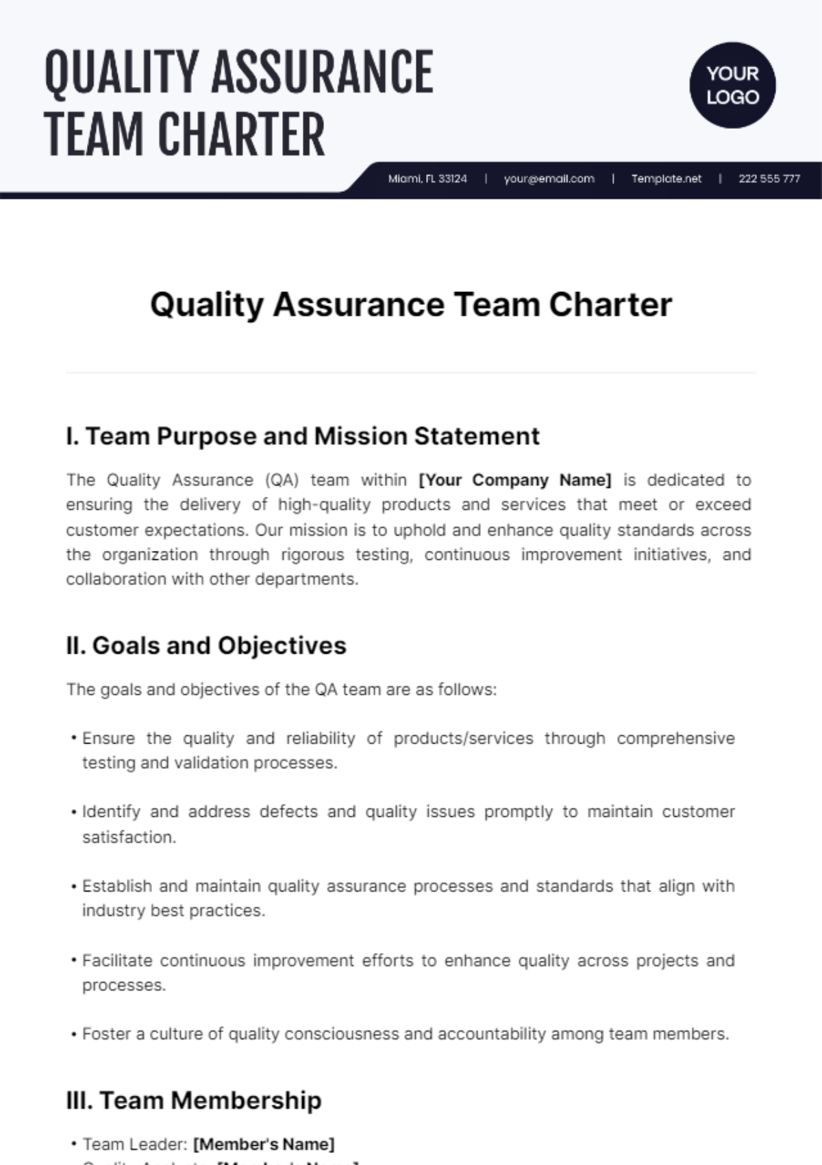 Quality Assurance Team Charter Template