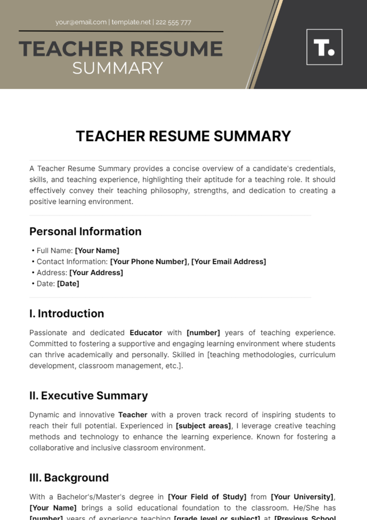 Teacher Resume Summary Template
