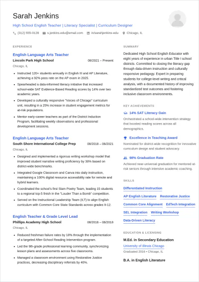Free Teacher ATS Resume Summary Template, AI Resume Builder