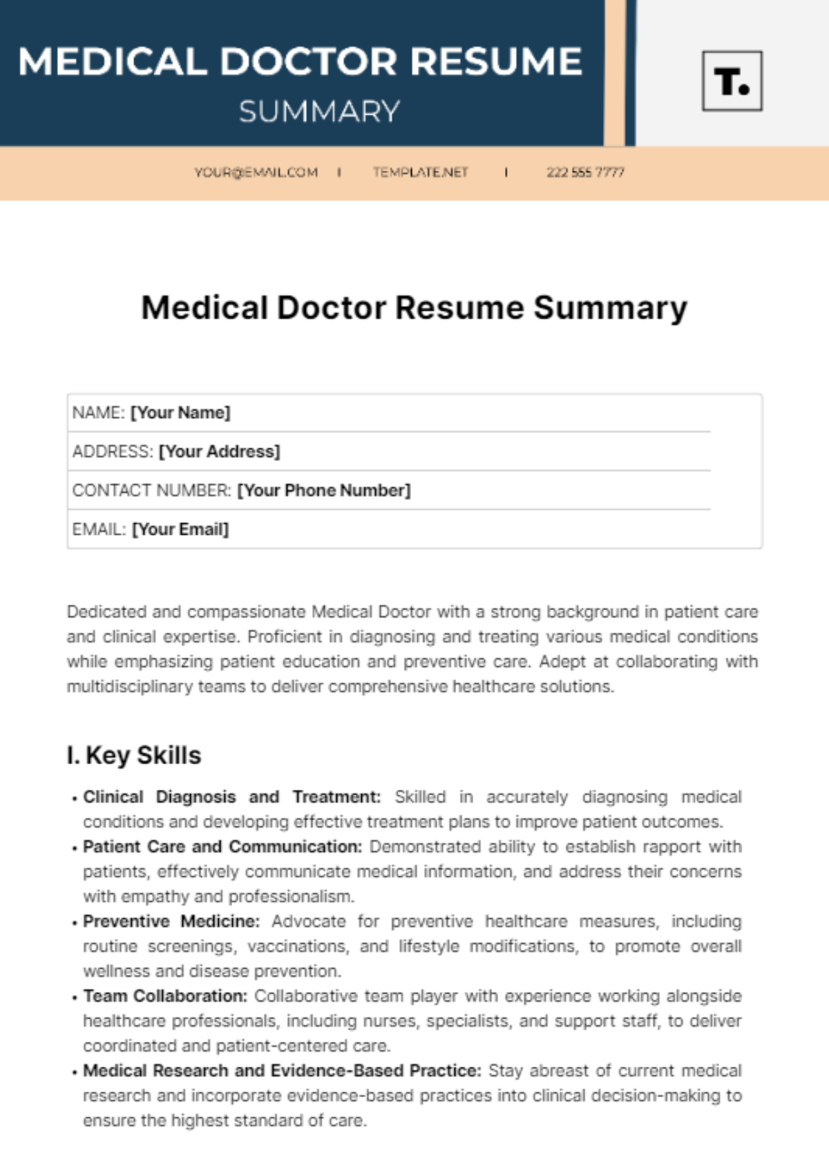 Free Medical Doctor Resume Summary Template