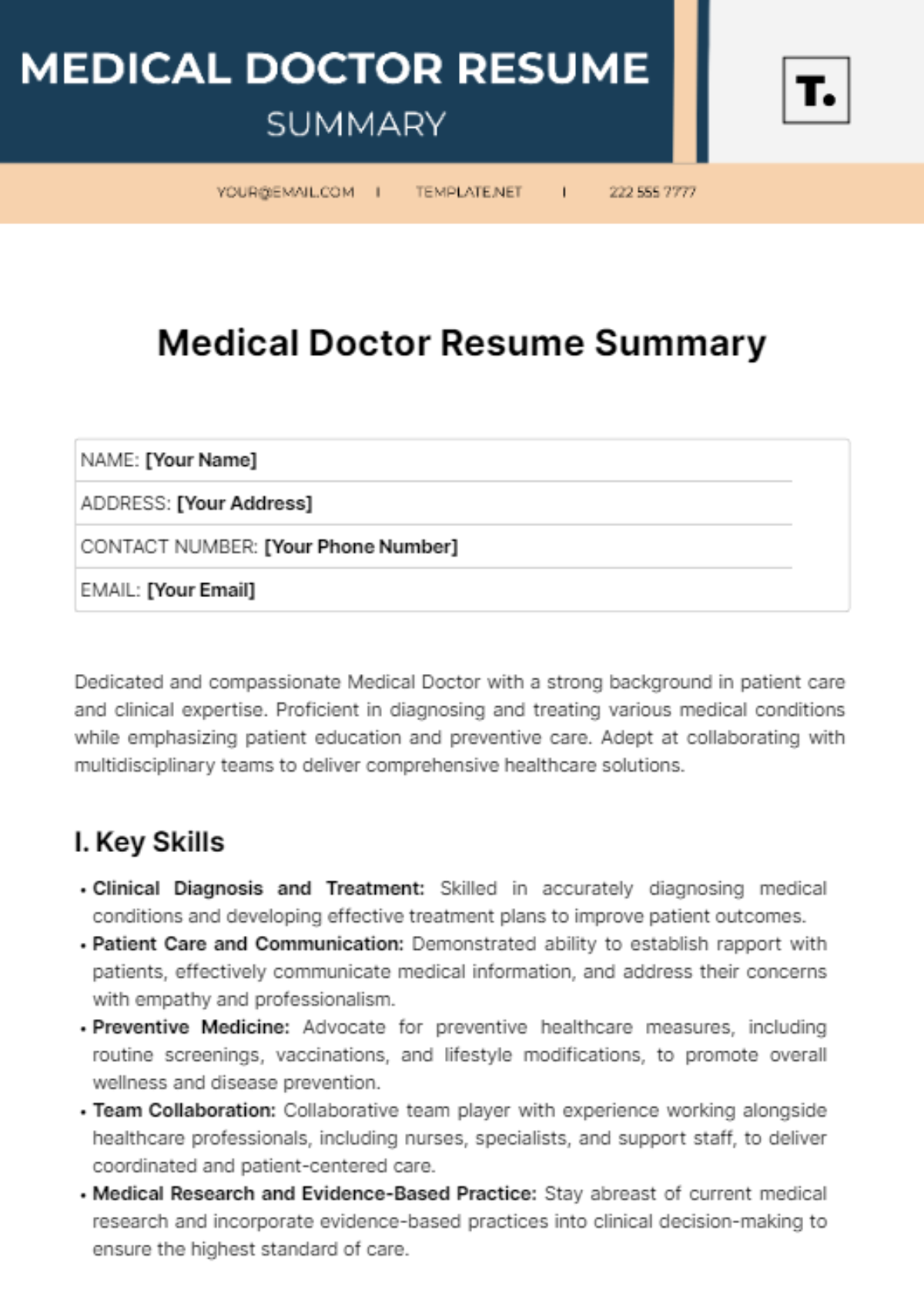 Medical Doctor Resume Summary Template - Edit Online & Download