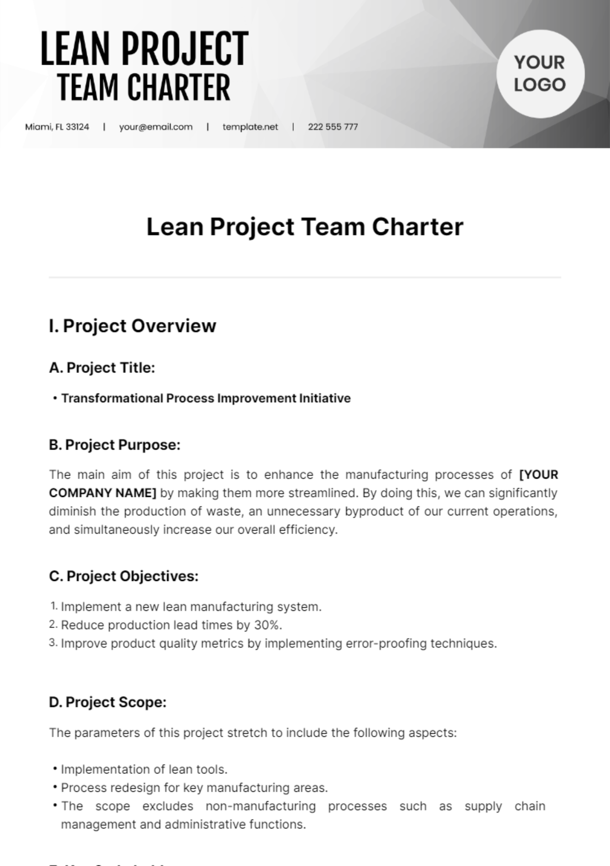 Lean Project Team Charter Template