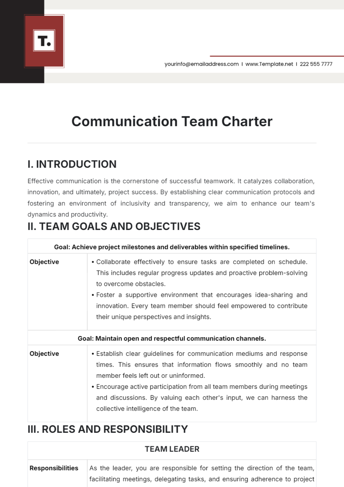 Communication Team Charter Template