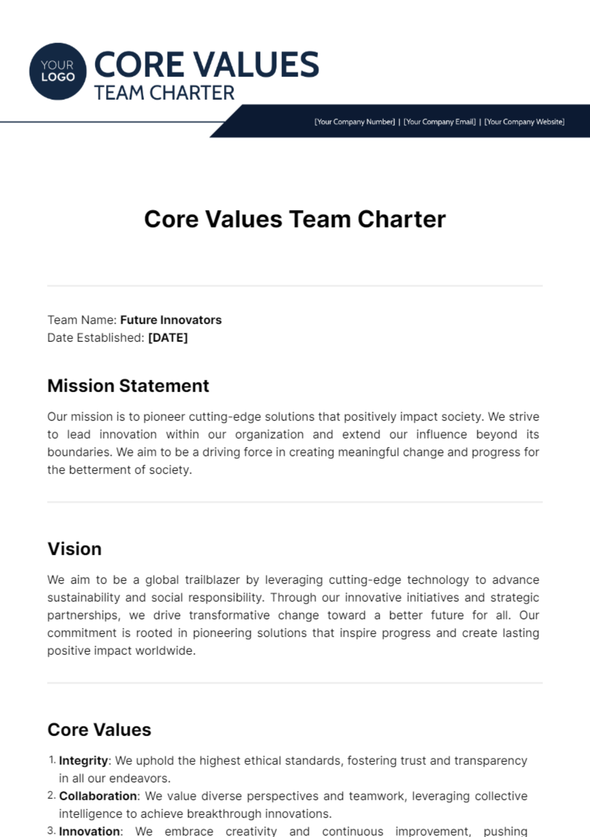 Core Values Team Charter Template
