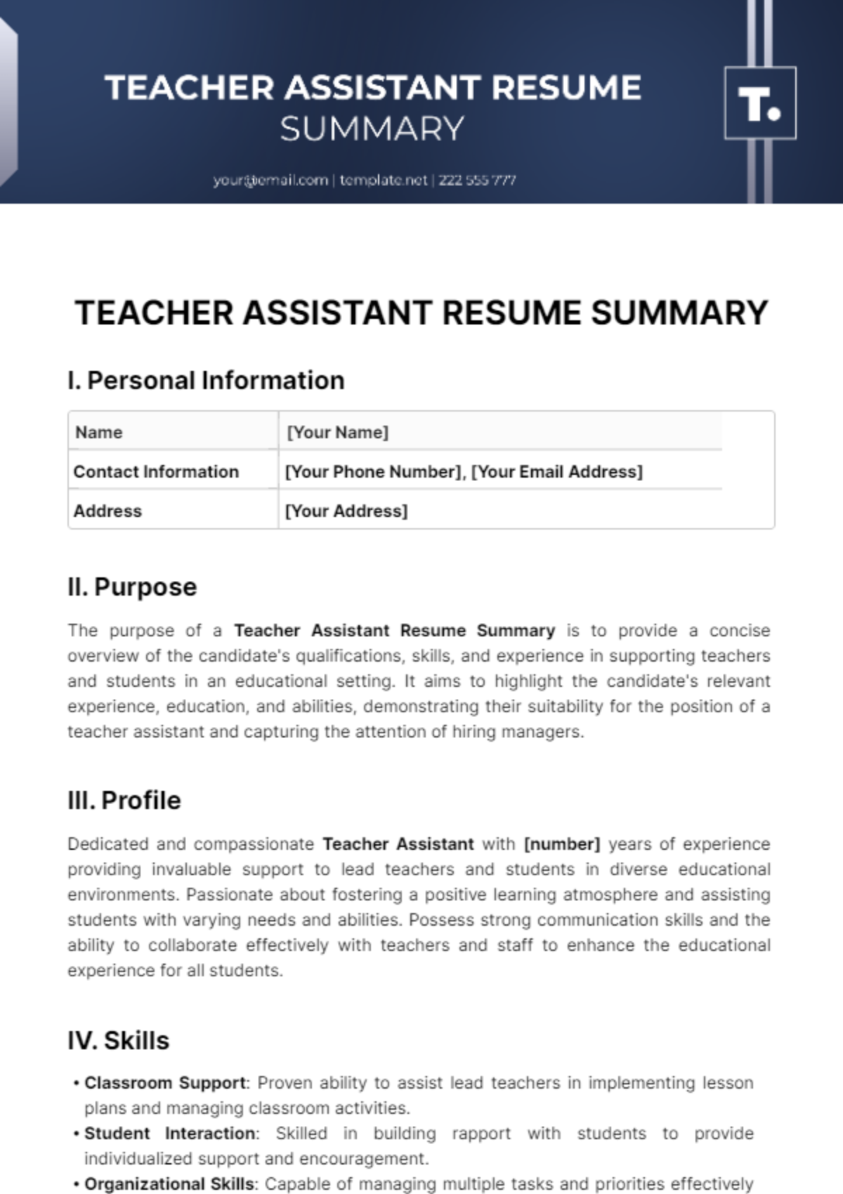 Teacher Assistant Resume Summary Template