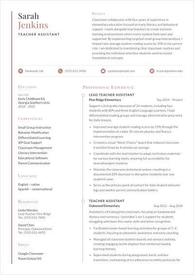 Free Teacher Assistant ATS Resume Summary Template, AI Resume Builder