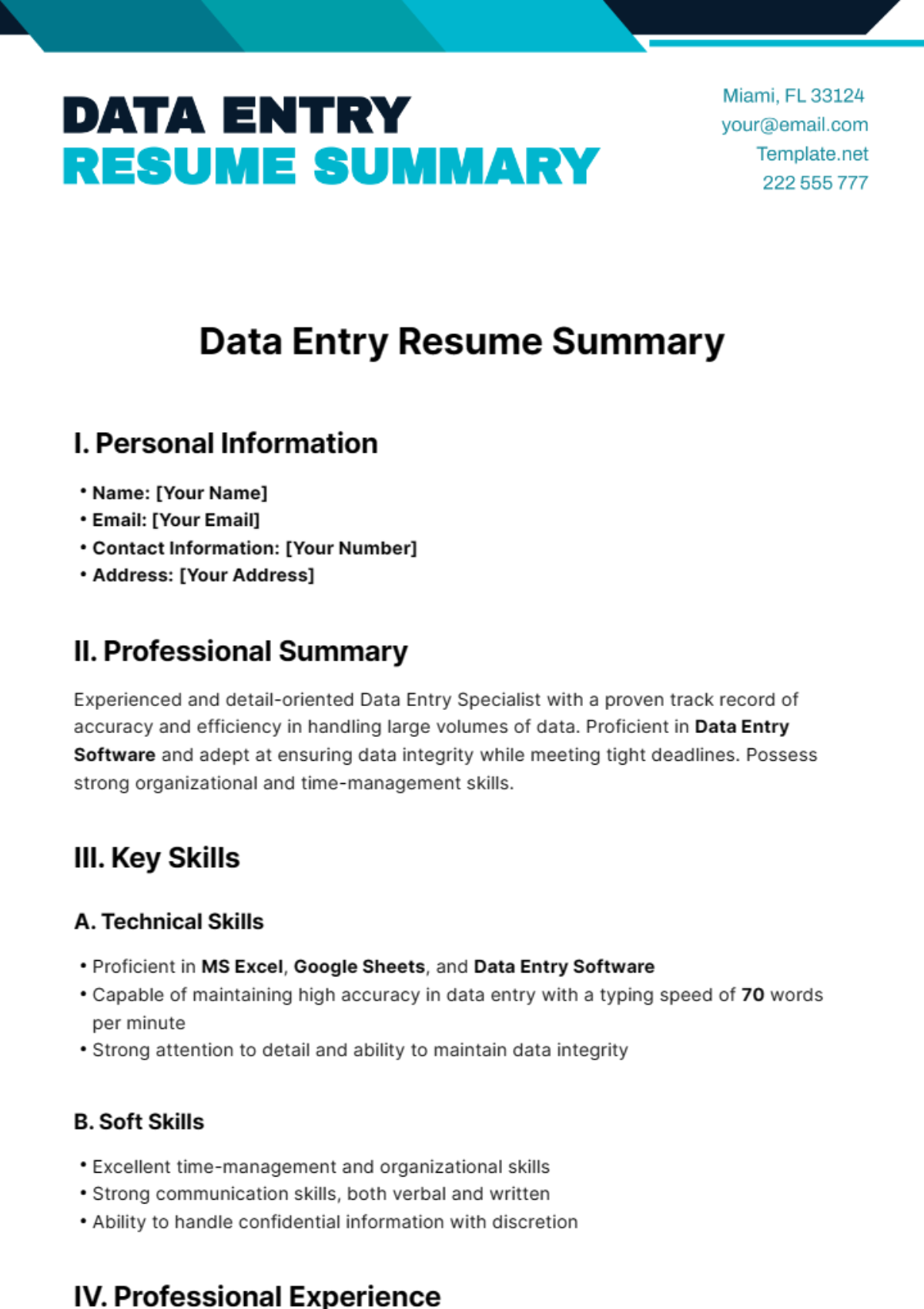 Data Entry Resume Summary Template