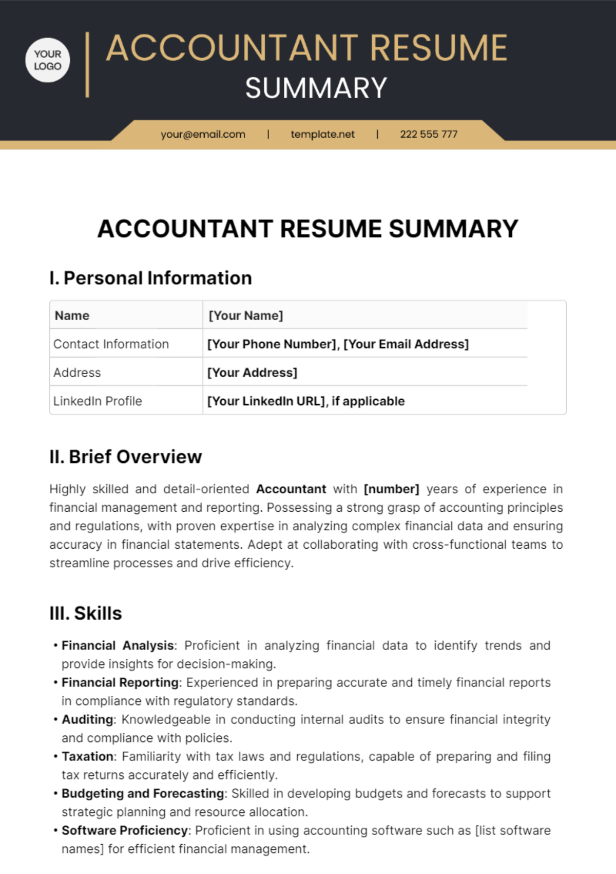 Accountant Resume Summary Template