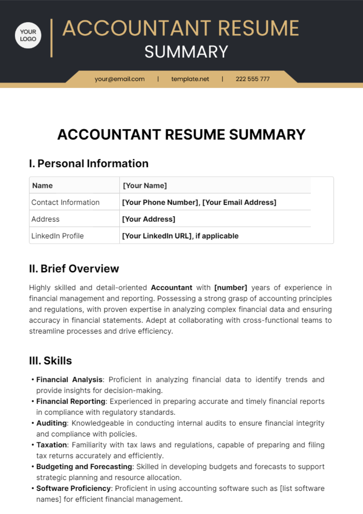 Accountant Resume Summary Template - Edit Online & Download