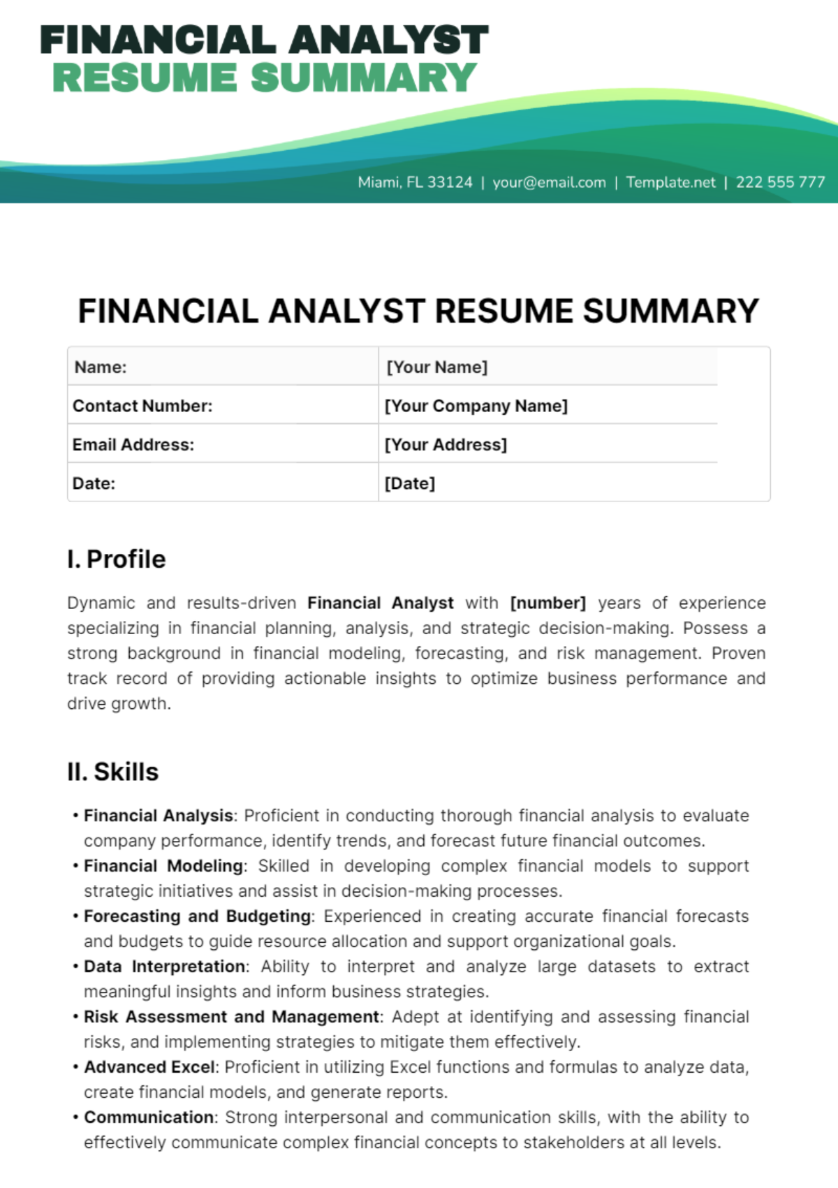Financial Analyst Resume Summary Template