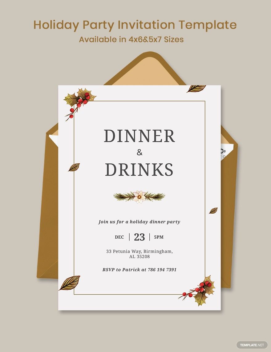 Holiday Dinner Party Invitation Template in Word, Google Docs, Illustrator, PSD, Apple Pages, Publisher, Outlook