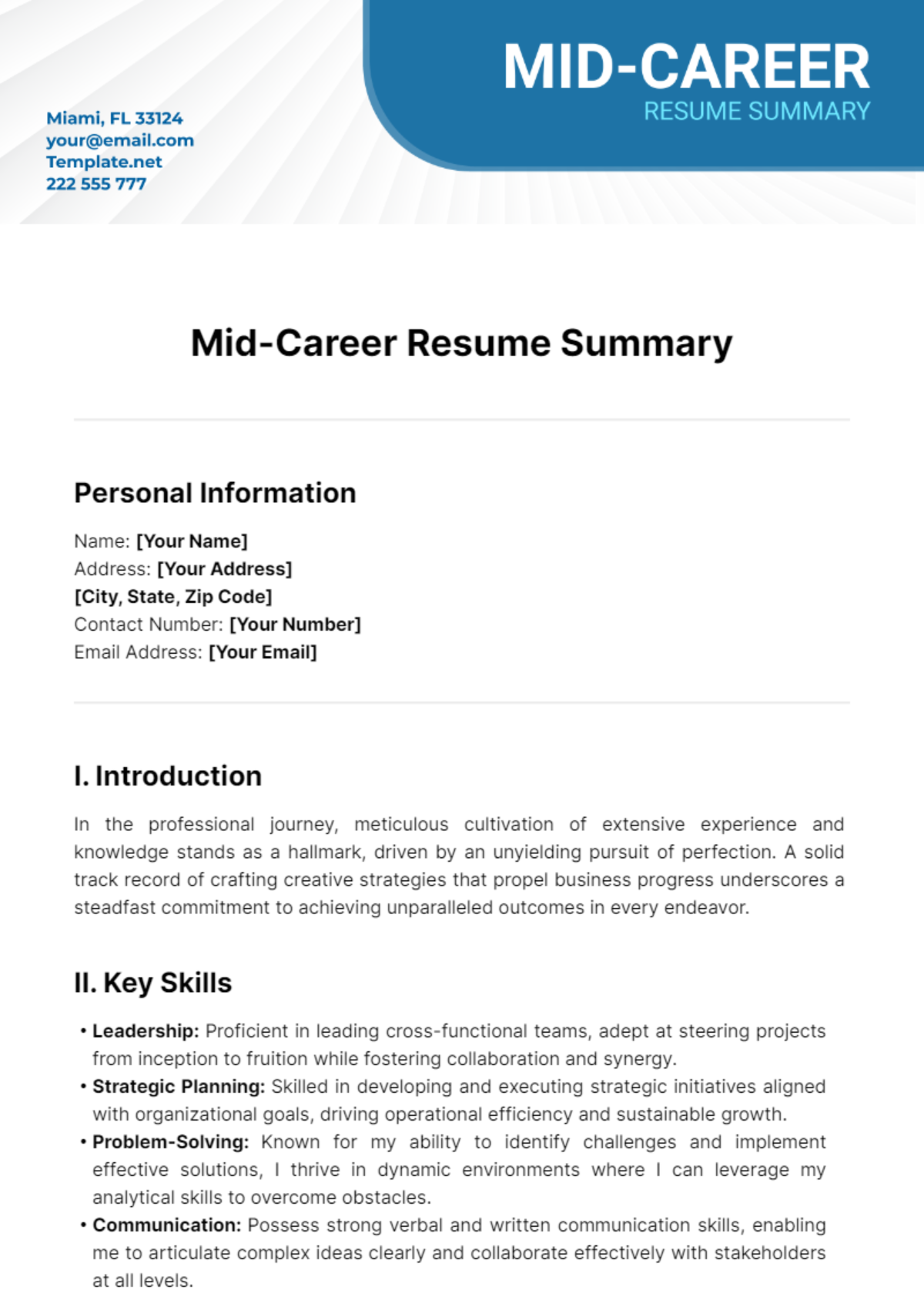 Mid-Career Resume Summary Template