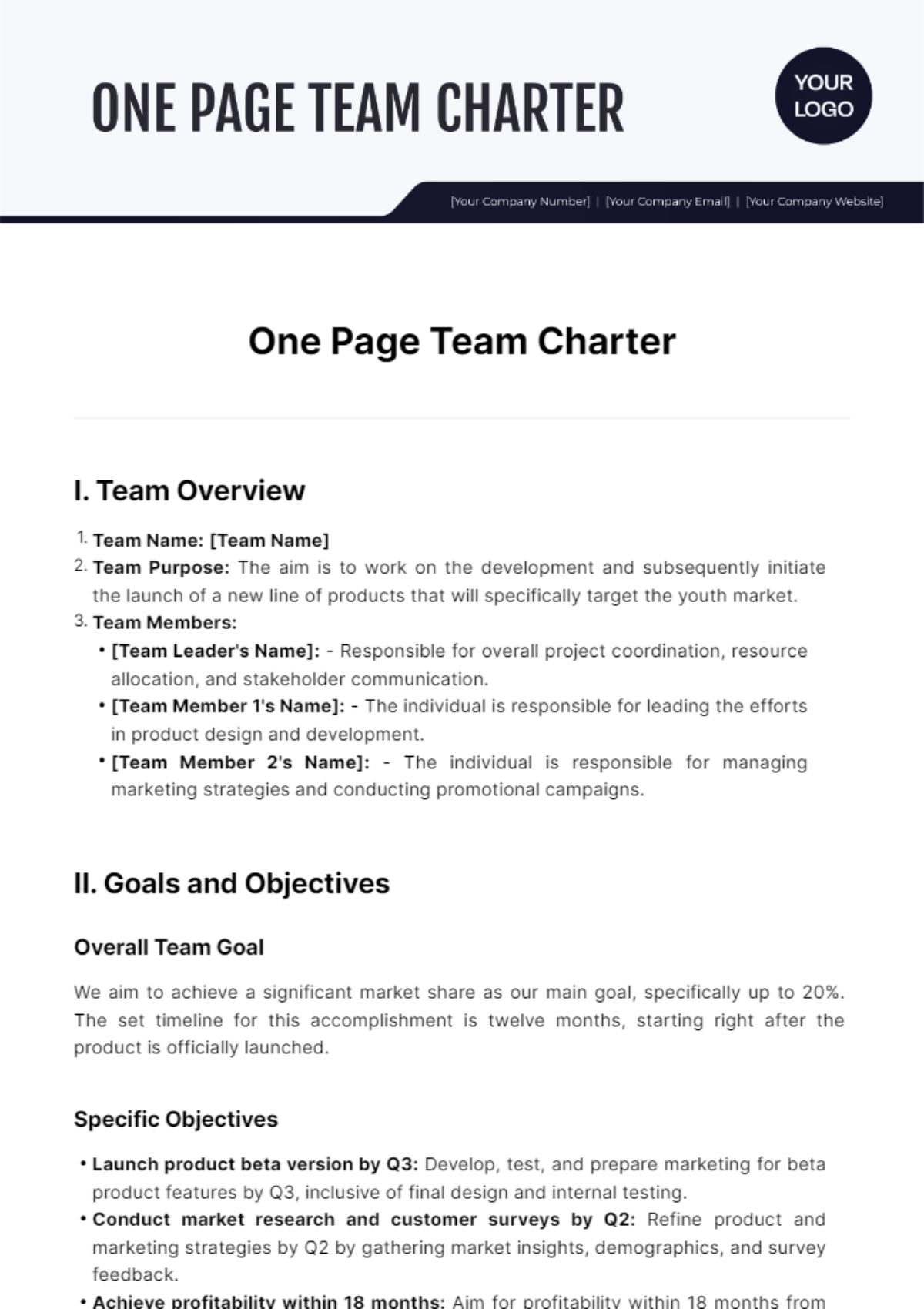 One Page Team Charter Template