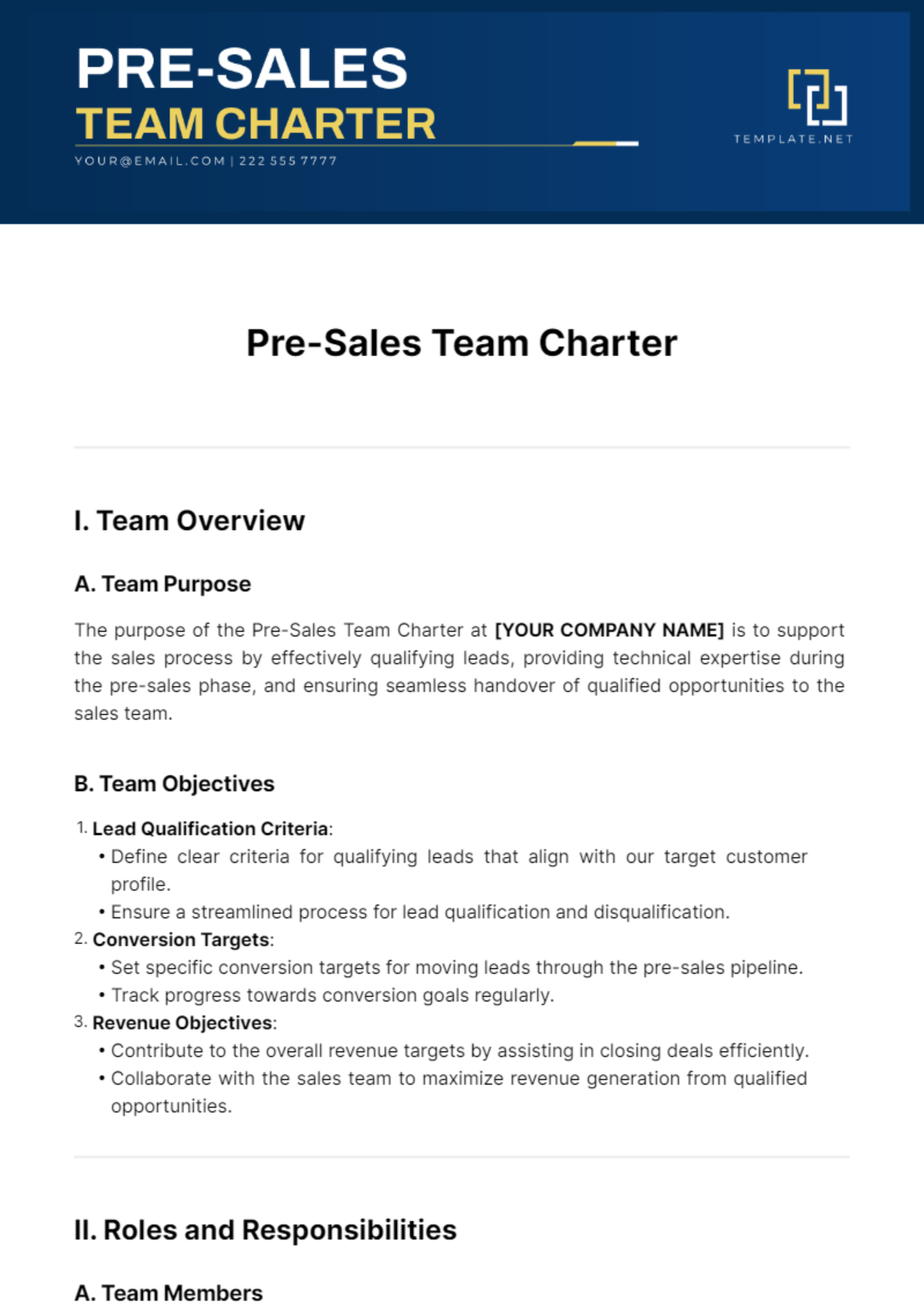 Pre-Sales Team Charter Template