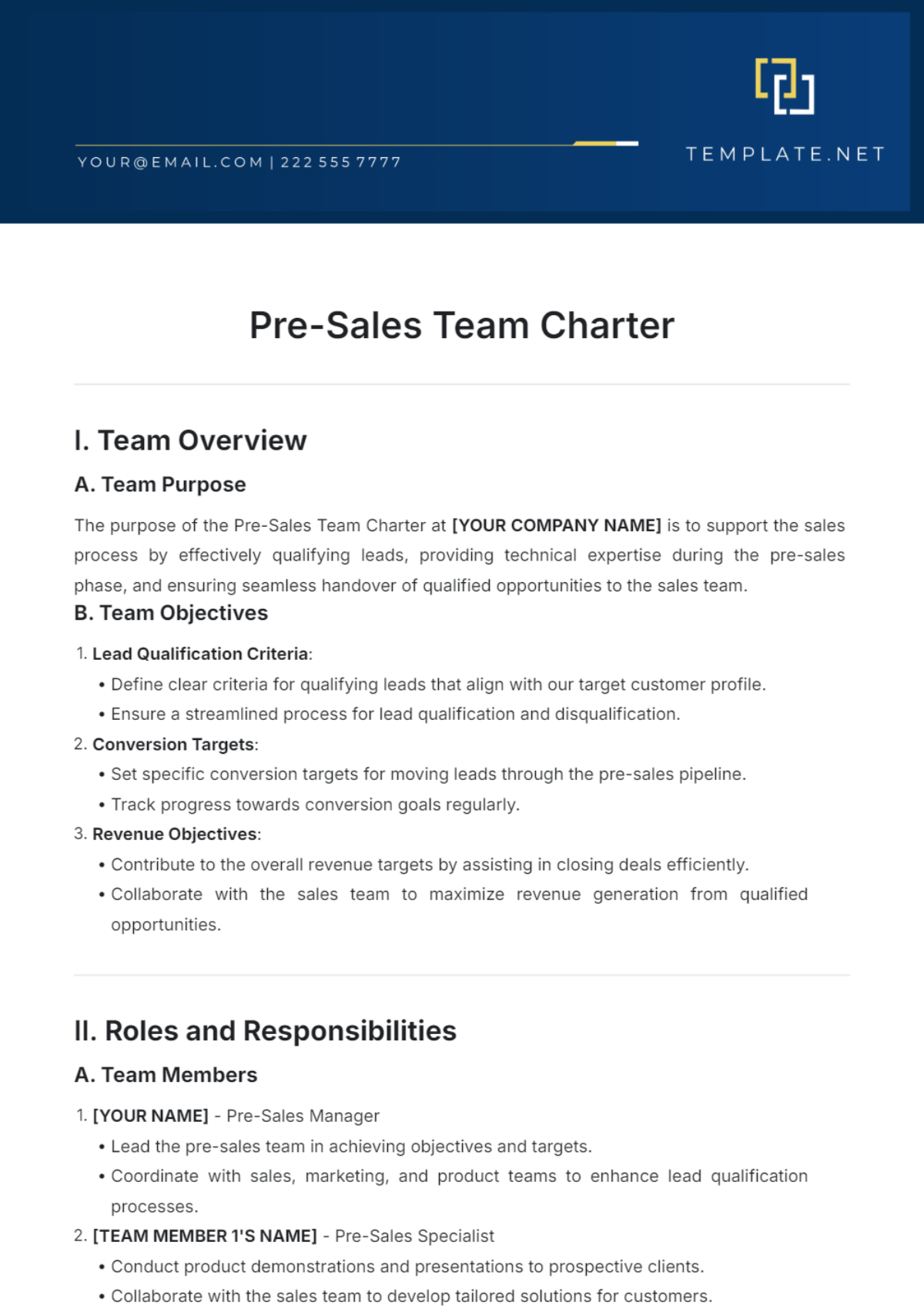 Pre-Sales Team Charter Template