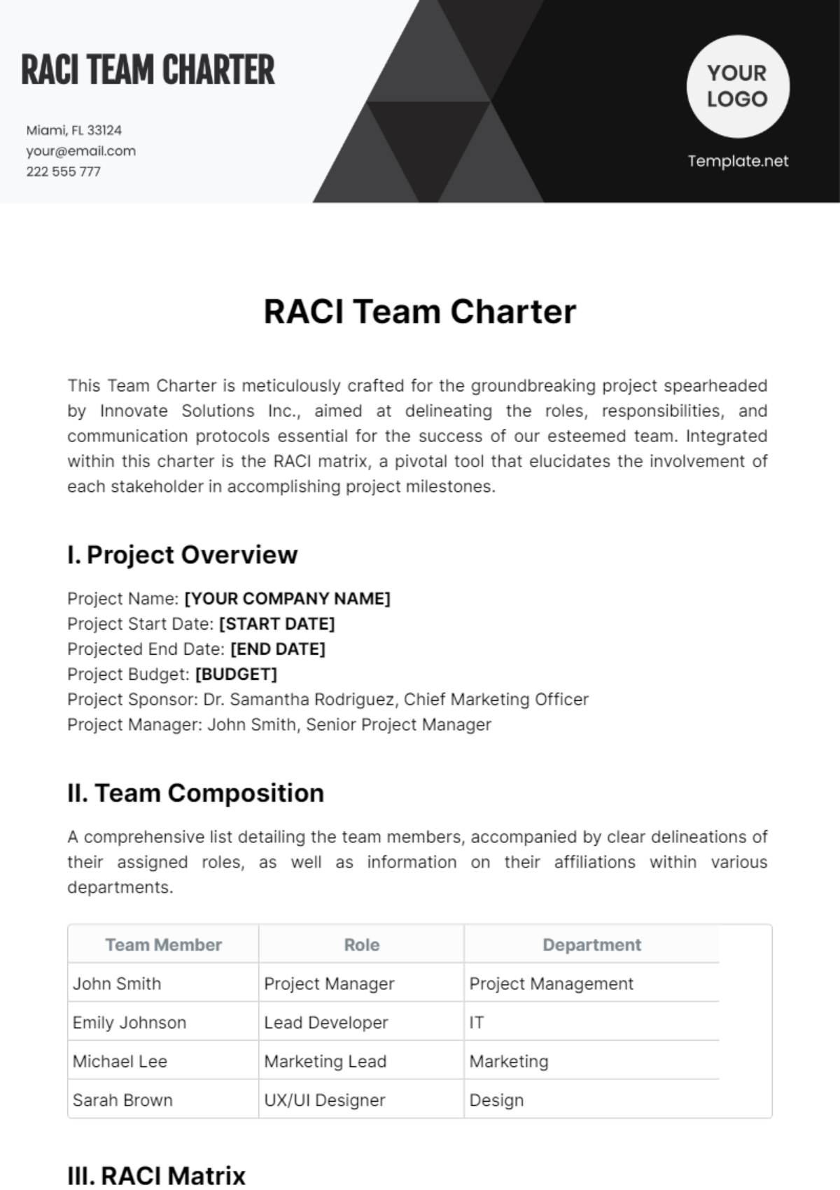 Raci Team Charter Template