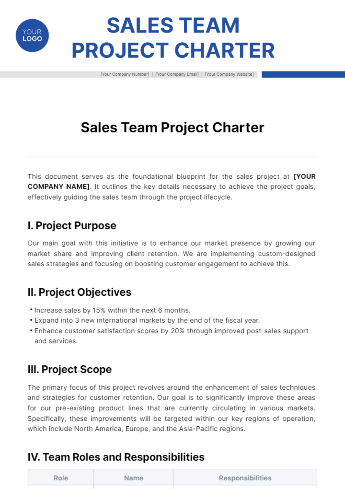 Sales Team Project Charter Template