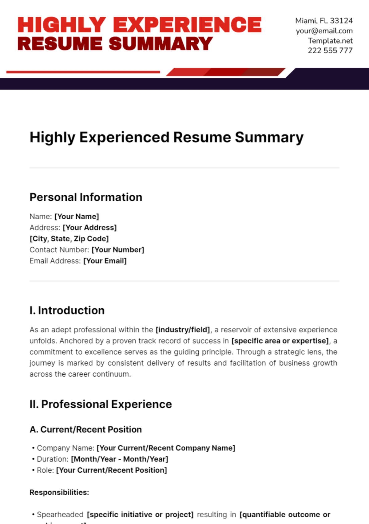 Highly Experienced Resume Summary Template - Edit Online & Download