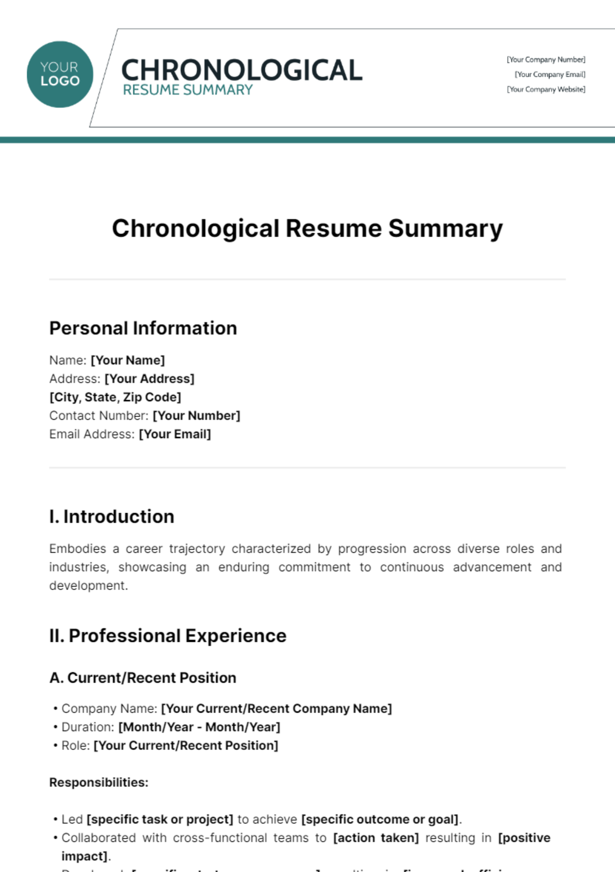 Chronological Resume Summary Template
