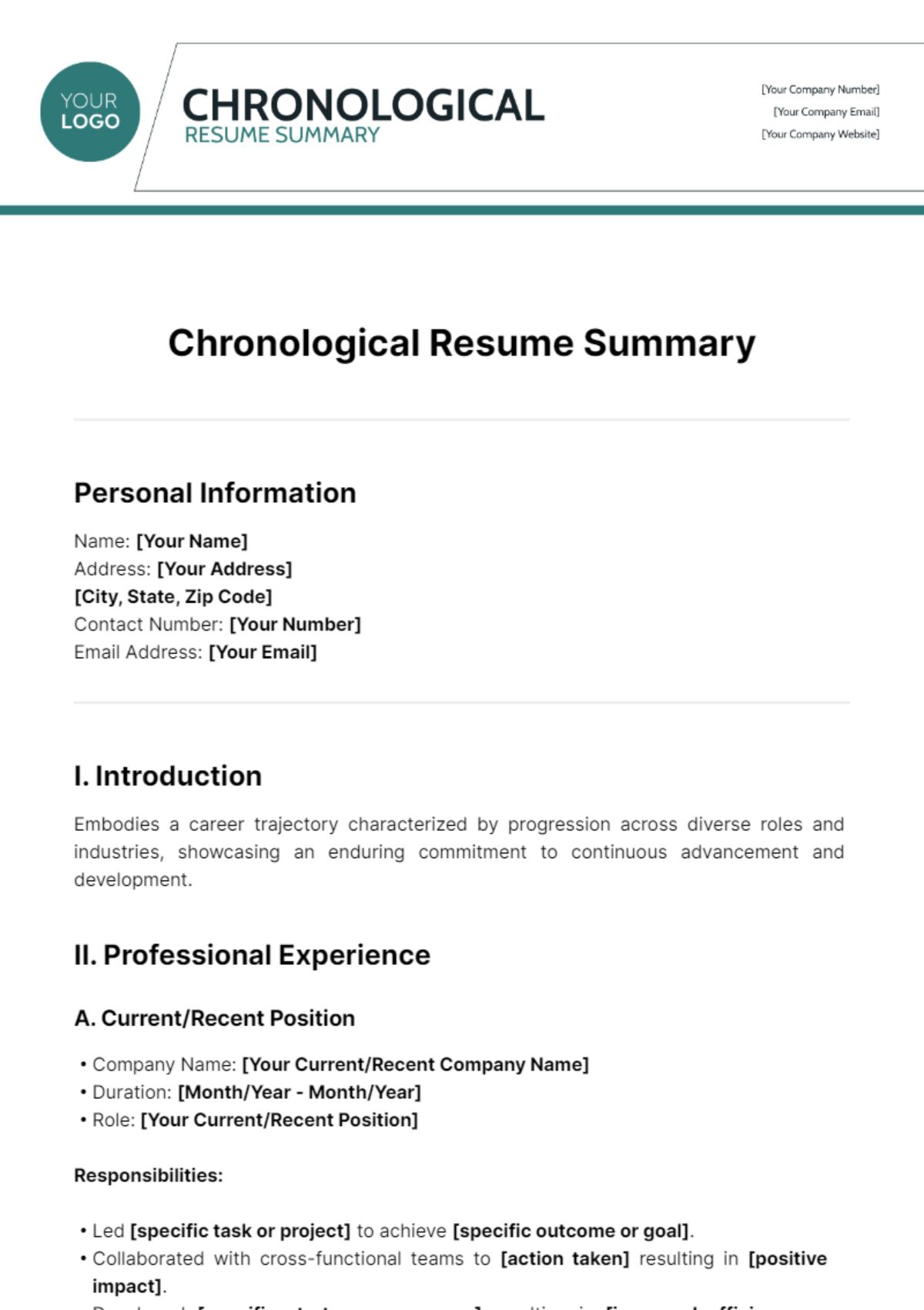 Chronological Resume Summary Template - Edit Online & Download