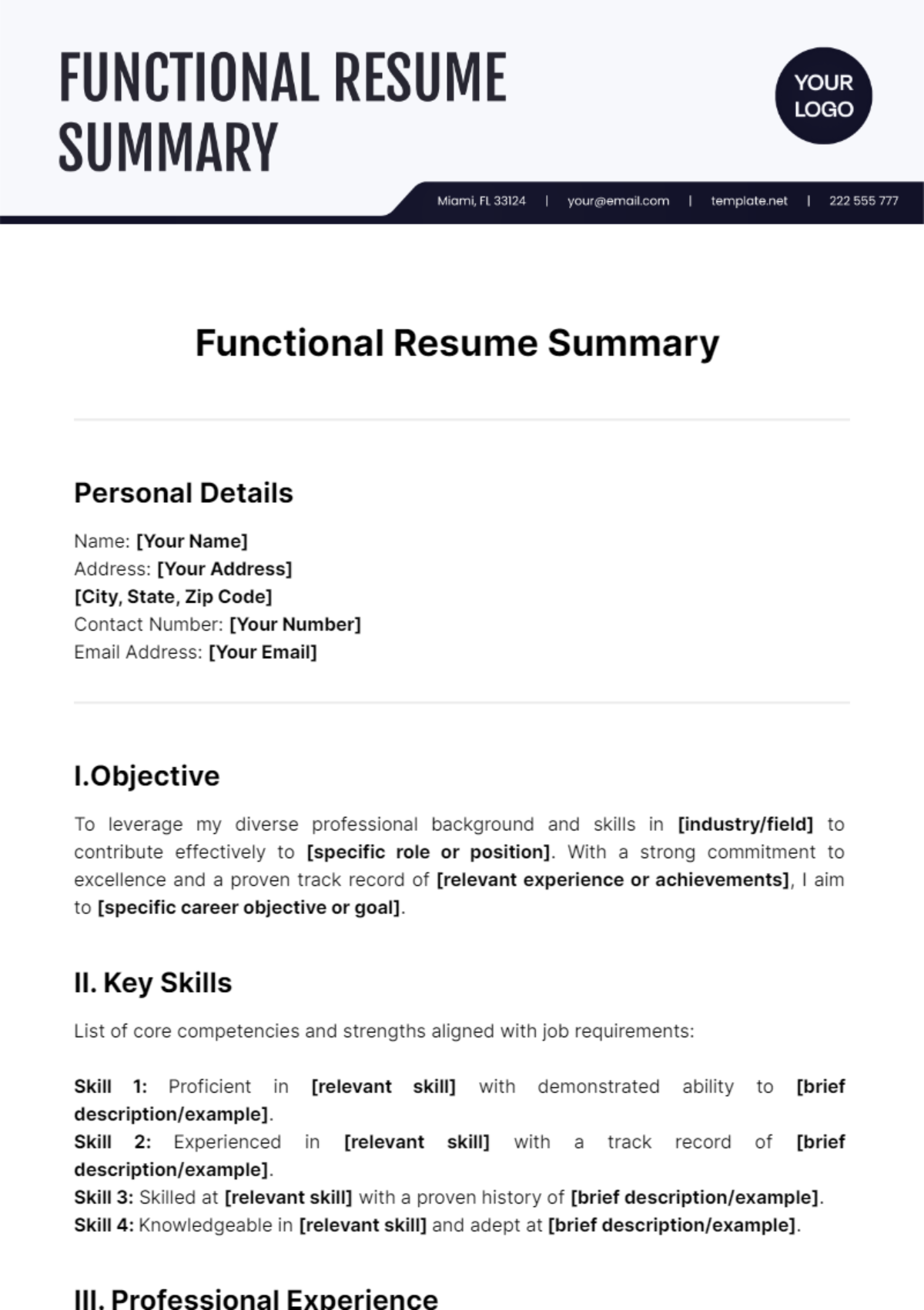 Functional Resume Summary Template