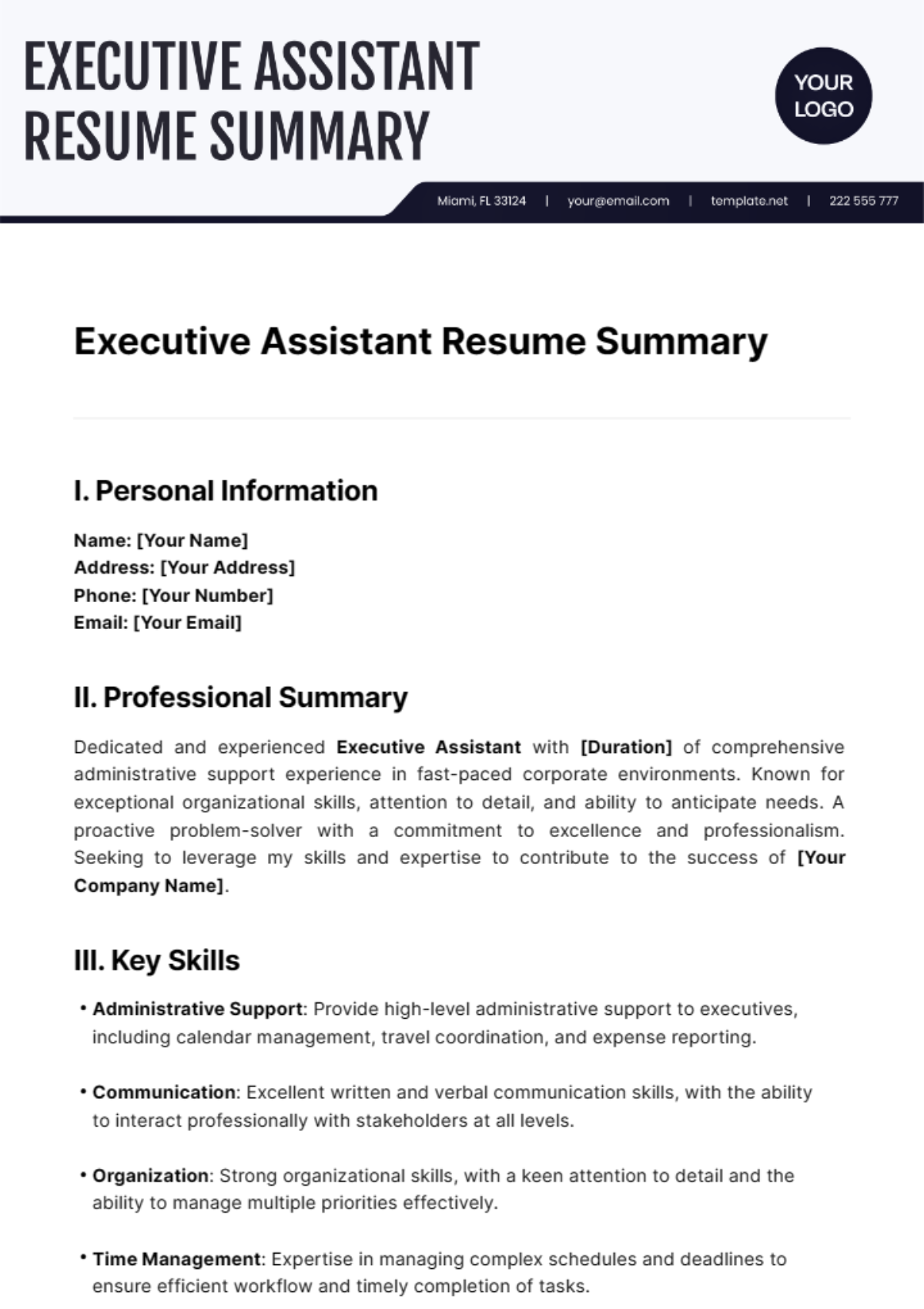 Executive Assistant Resume Summary Template