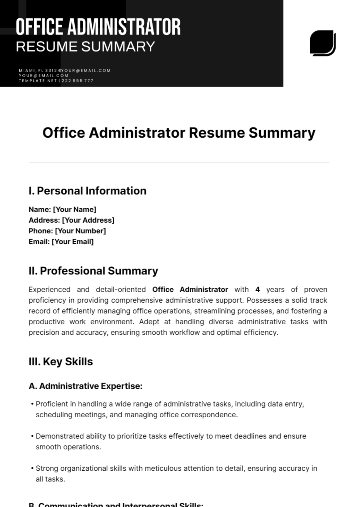 Office Administrator Resume Summary Template