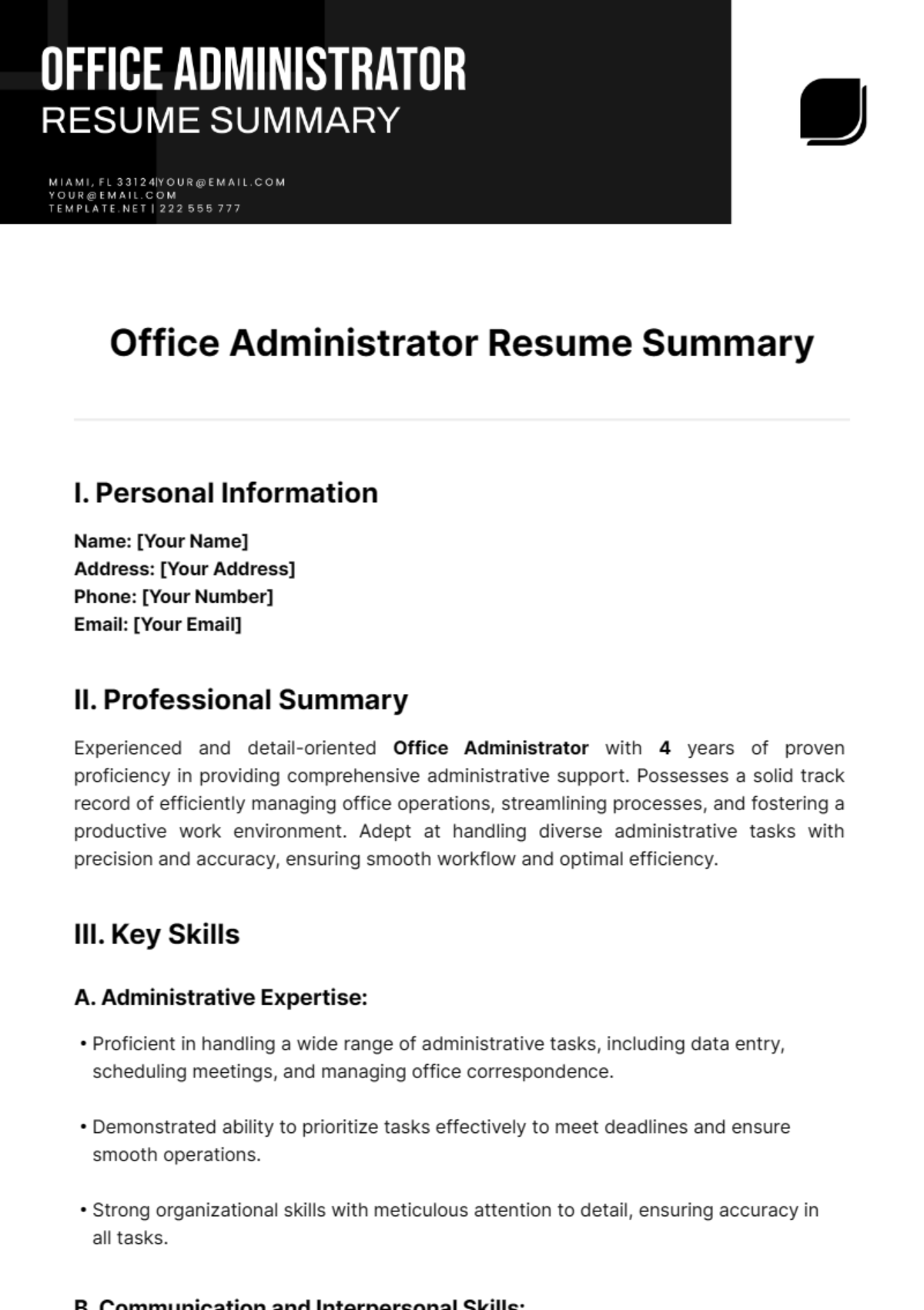 Office Administrator Resume Summary Template - Edit Online & Download