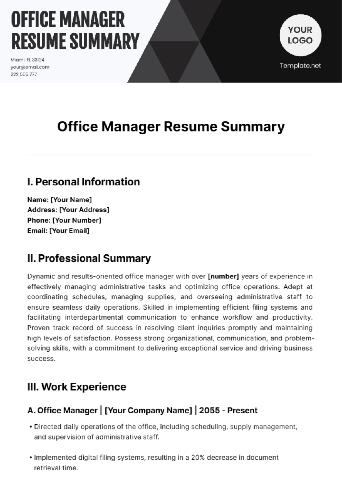 Office Manager Resume Summary Template